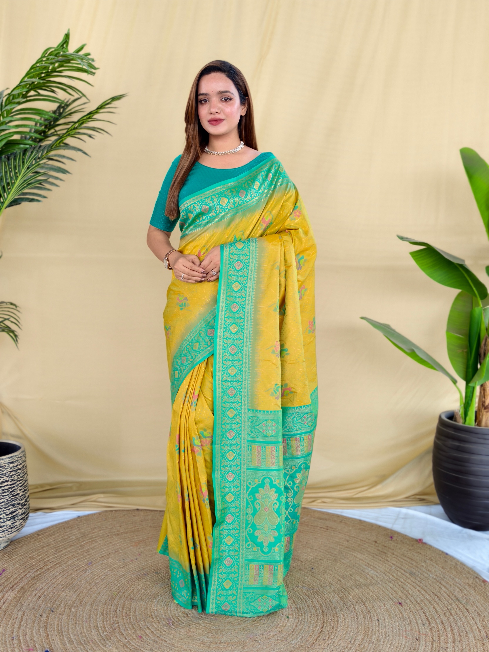 Yellow Green Woven Silk Blend Saree