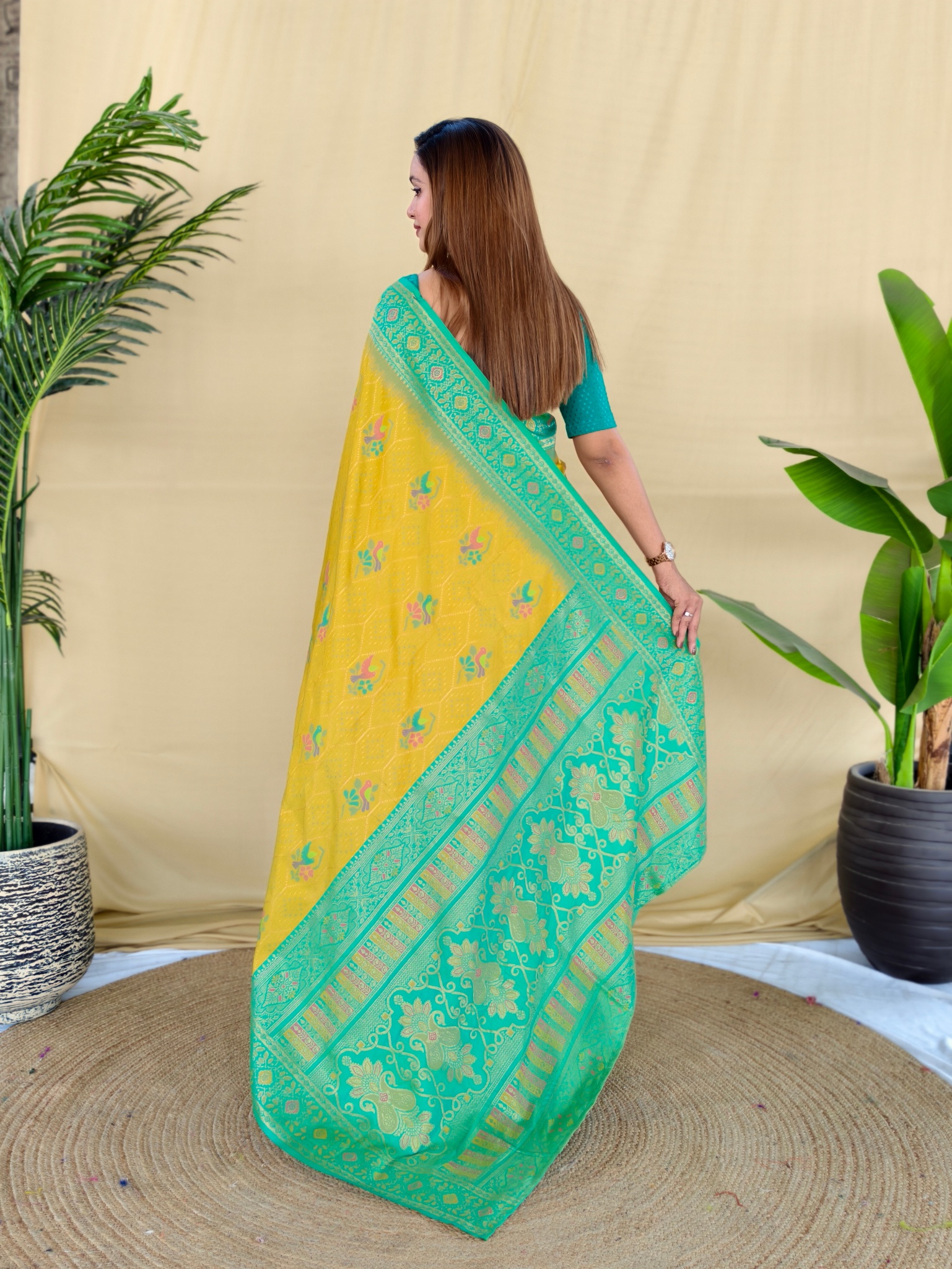 Yellow Green Woven Silk Blend Saree — alternate view