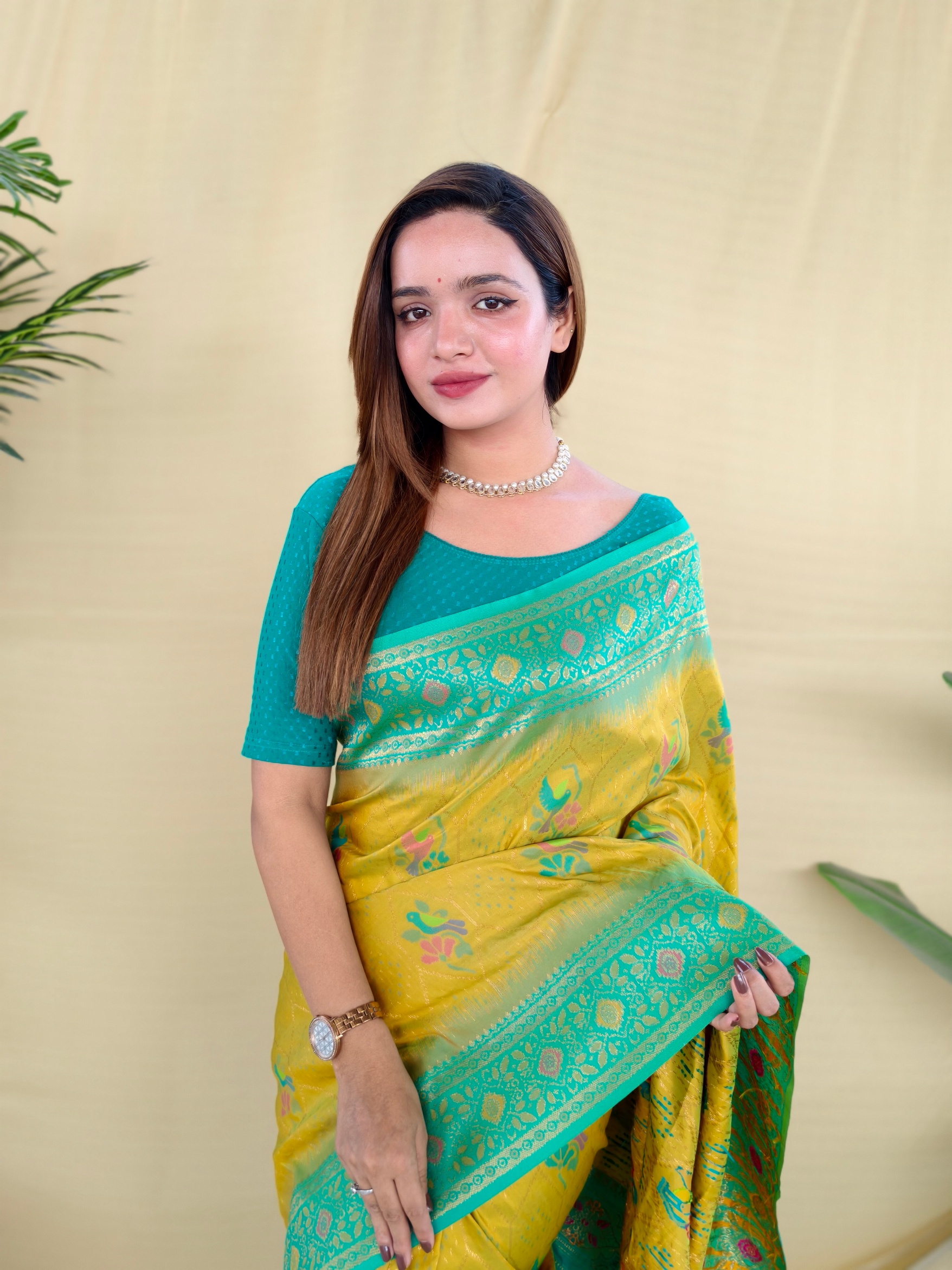 Yellow Green Woven Silk Blend Saree