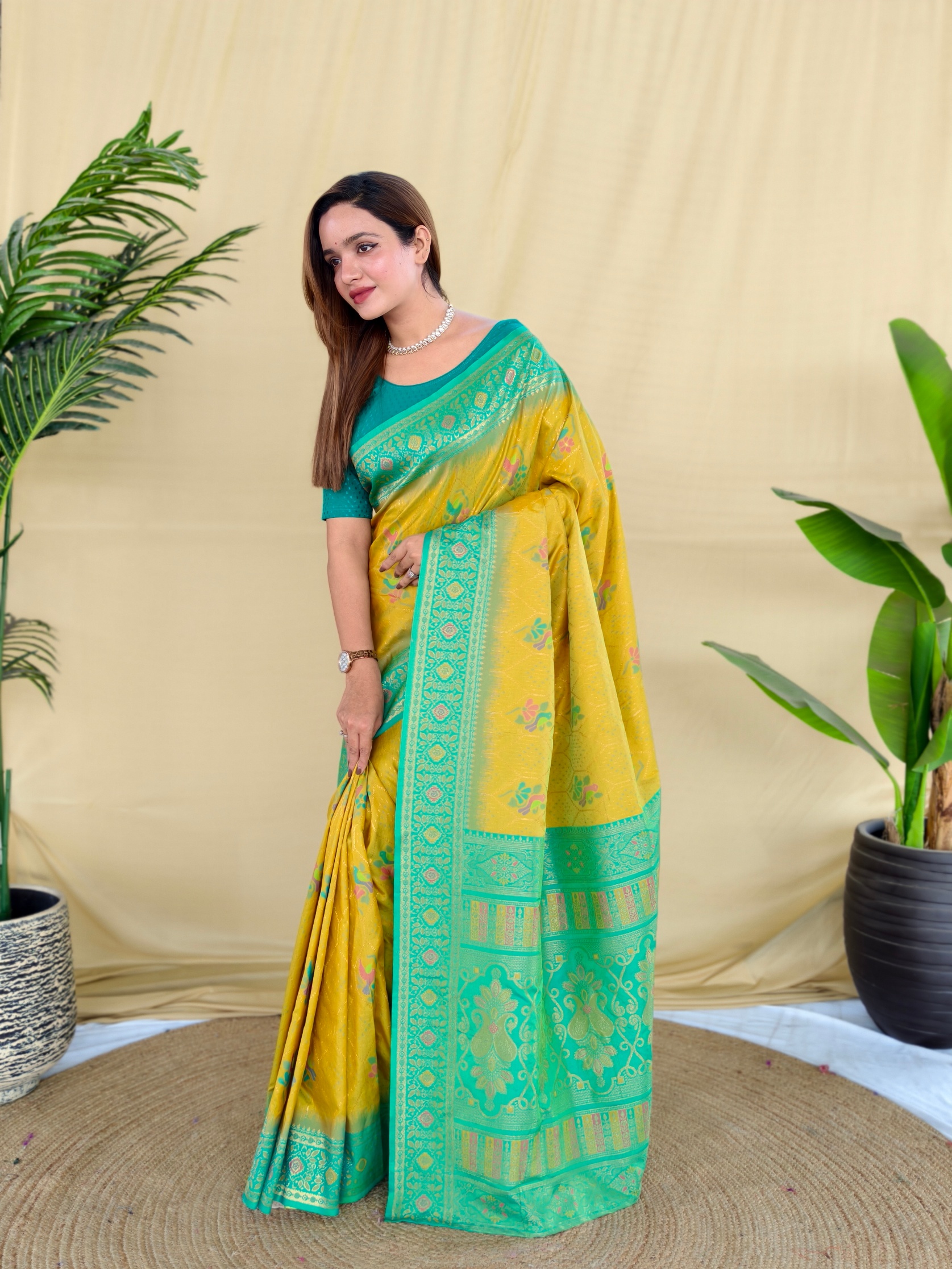 Yellow Green Woven Silk Blend Saree