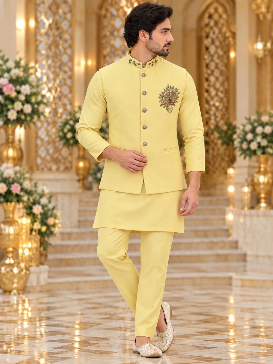Yellow Hand Designer Viscose Linen Kurta Pyjama