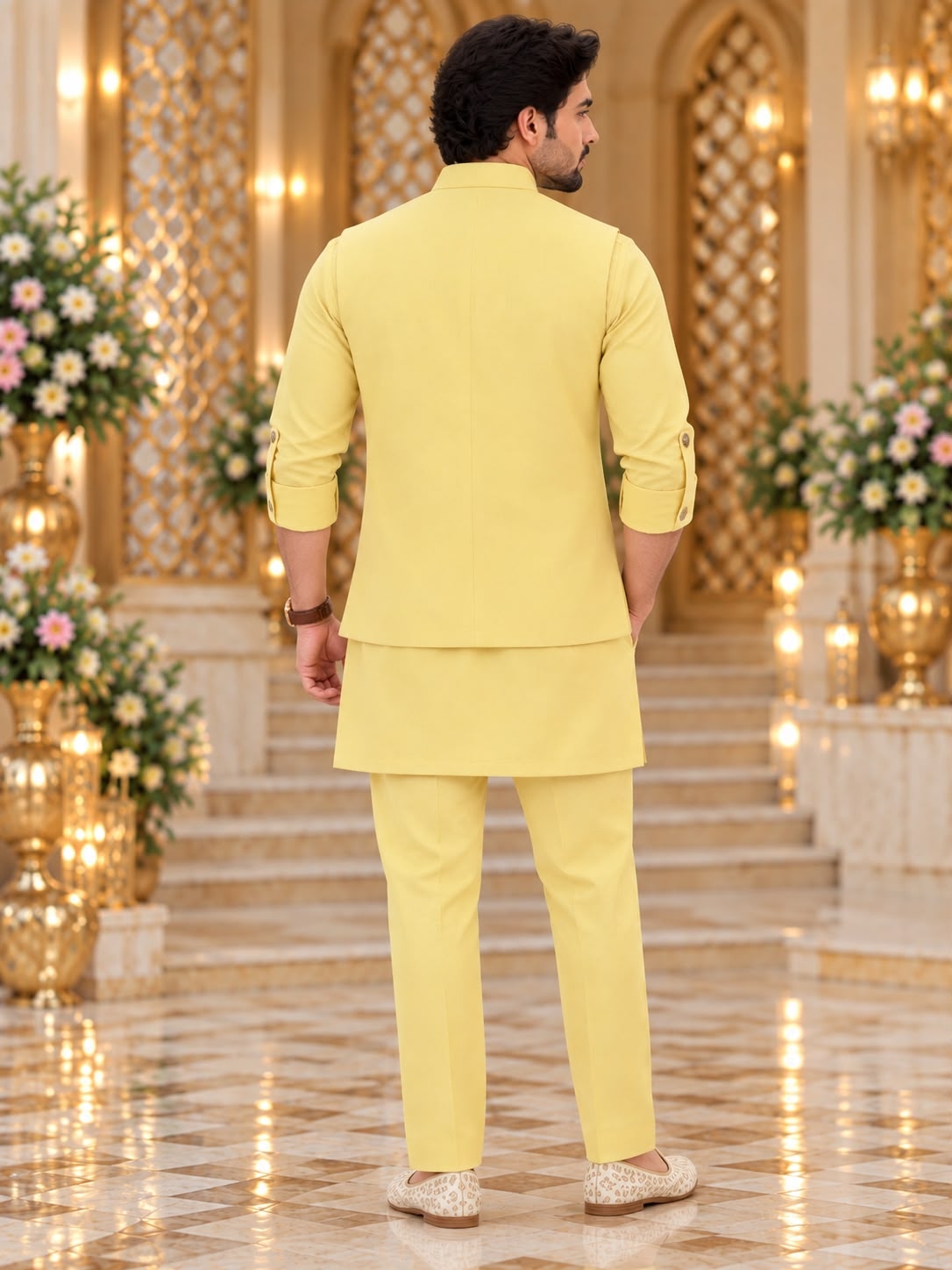 Yellow Hand Designer Viscose Linen Kurta Pyjama — alternate view