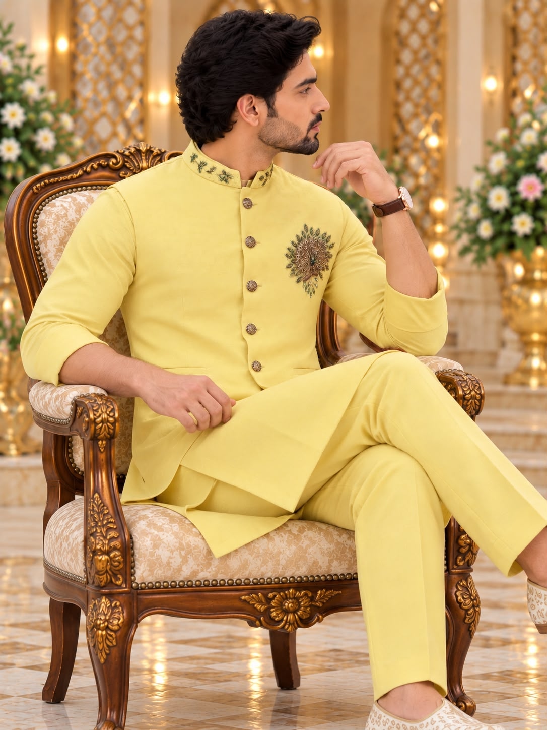 Yellow Hand Designer Viscose Linen Kurta Pyjama