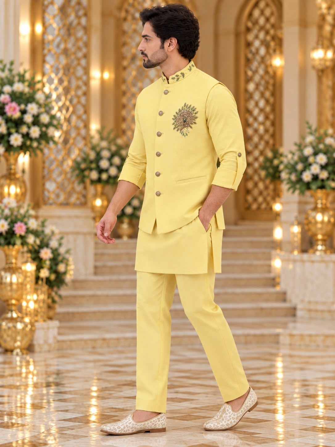 Yellow Hand Designer Viscose Linen Kurta Pyjama