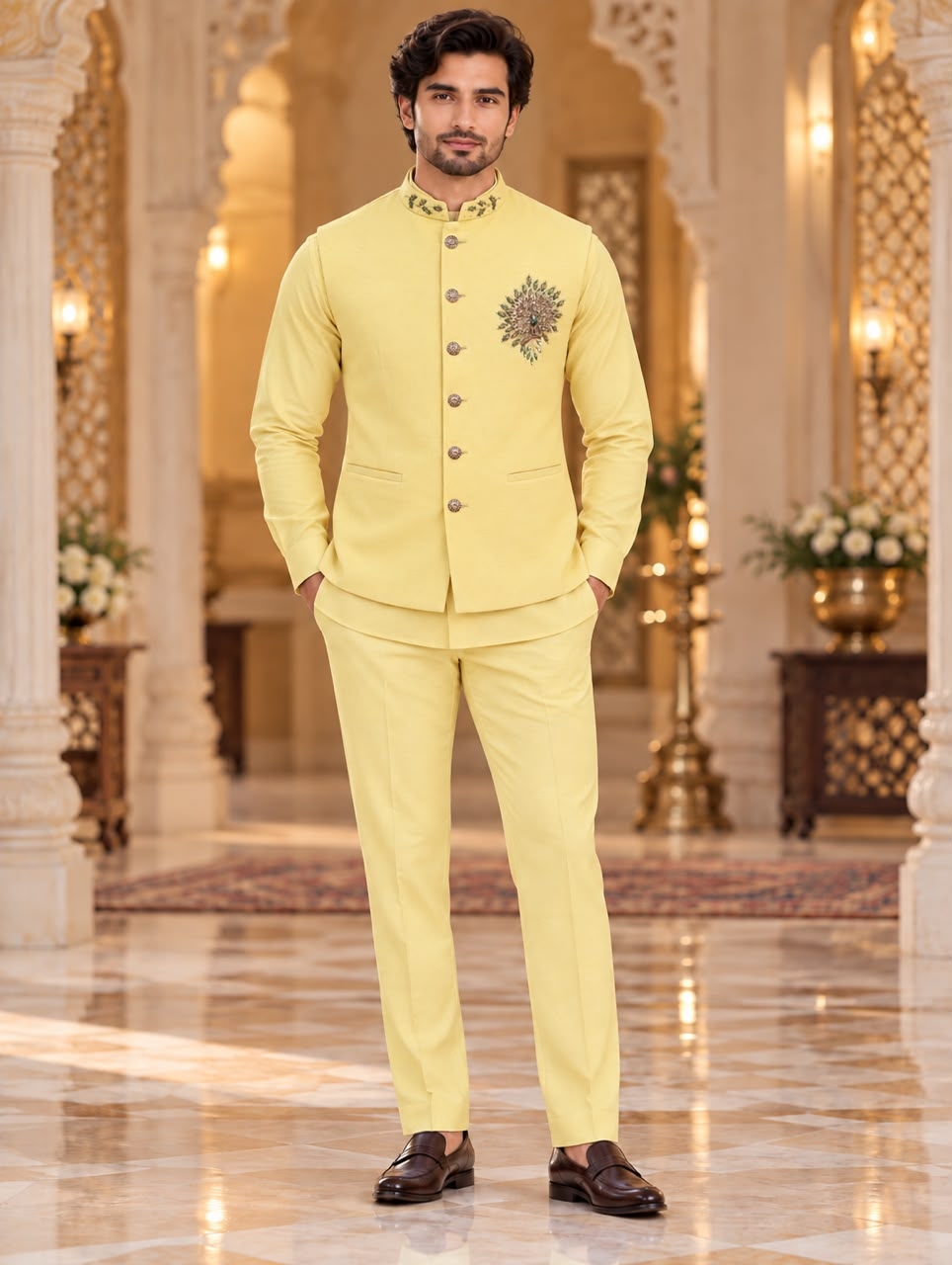 Yellow Hand Designer Viscose Linen Shirt Pyjama