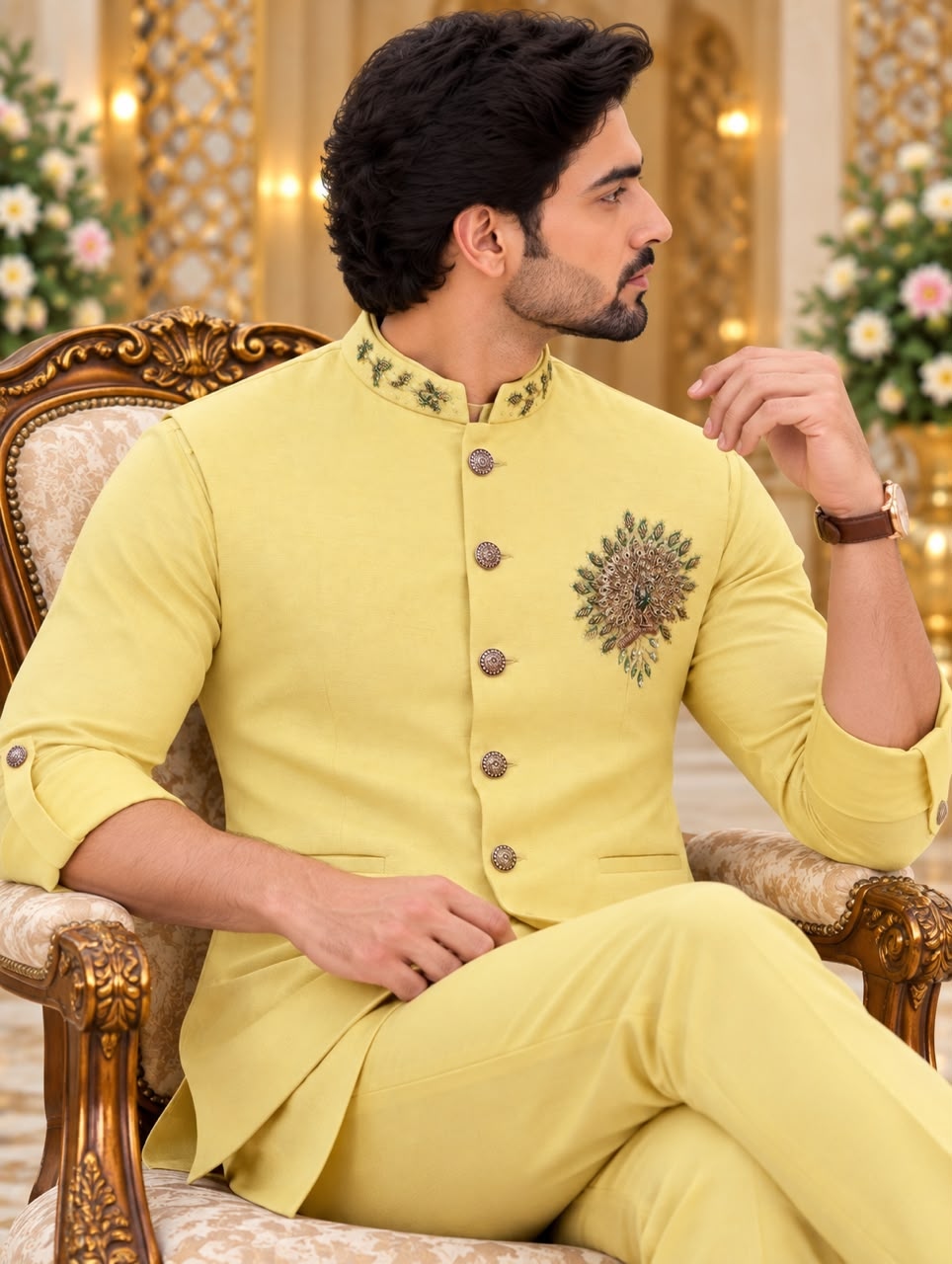 Yellow Hand Designer Viscose Linen Shirt Pyjama