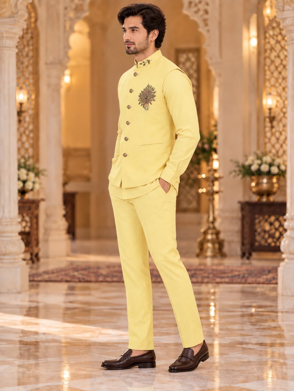 Yellow Hand Designer Viscose Linen Shirt Pyjama