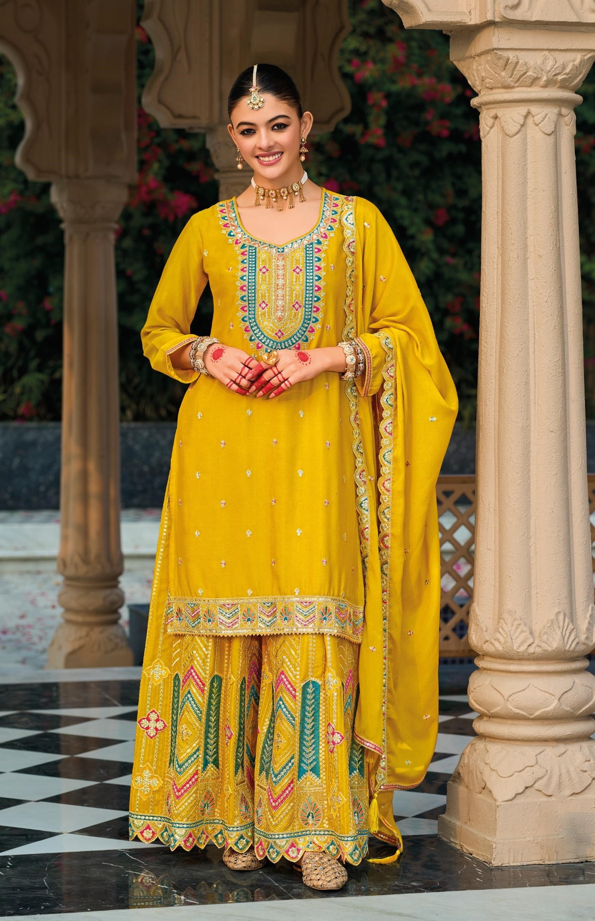 Yellow Heavy Embroidery Chinon Palazzo Suit