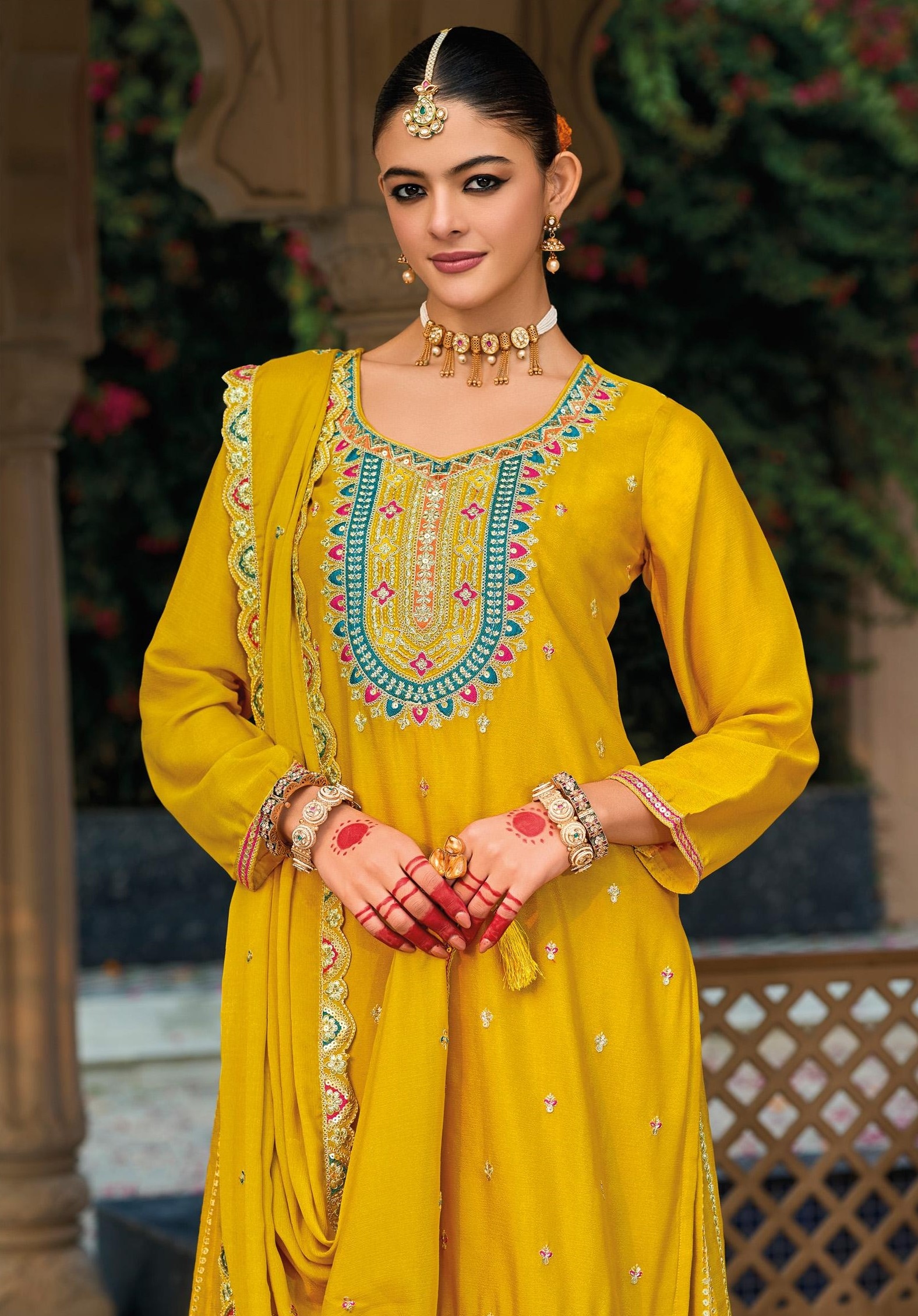 Yellow Heavy Embroidery Chinon Palazzo Suit