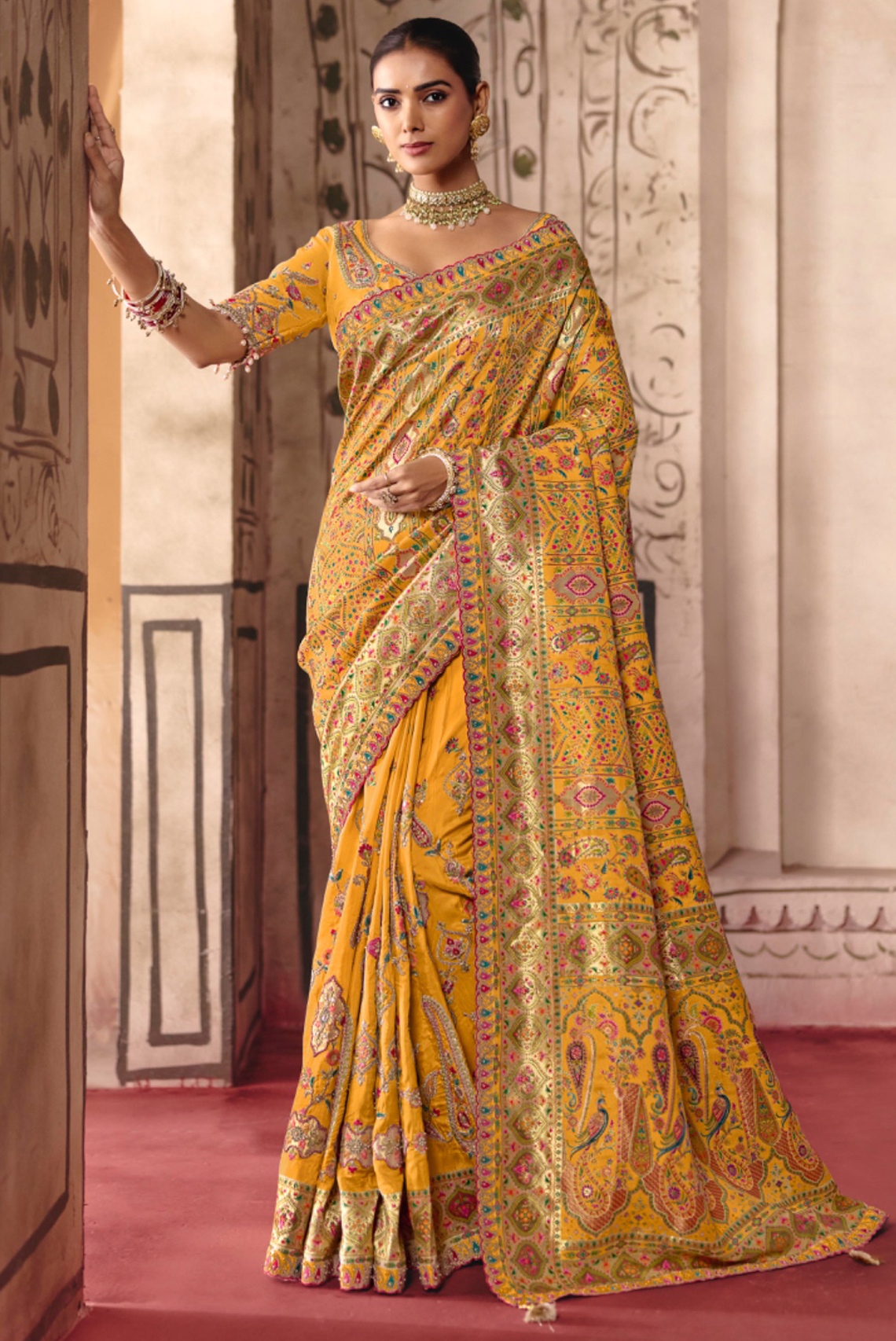 Yellow Heavy Embroidery Sequin Dola Silk Saree