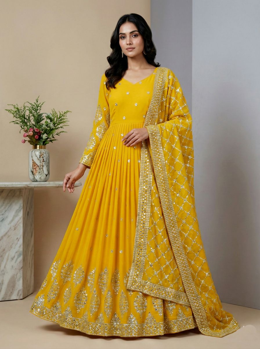 Yellow Heavy Faux Georgette Embroidered Sequence Anarkali Gown