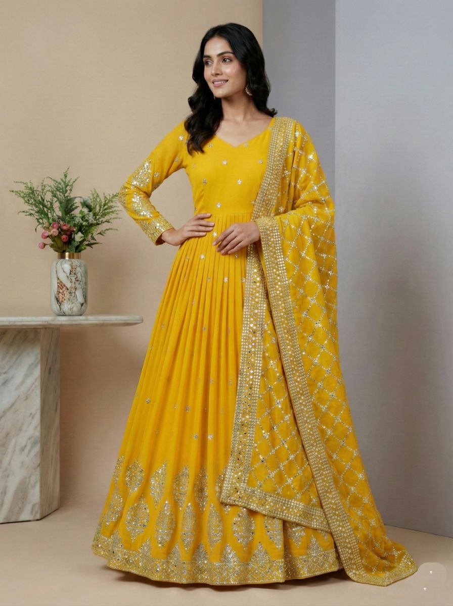 Yellow Heavy Faux Georgette Embroidered Sequence Anarkali Gown — alternate view