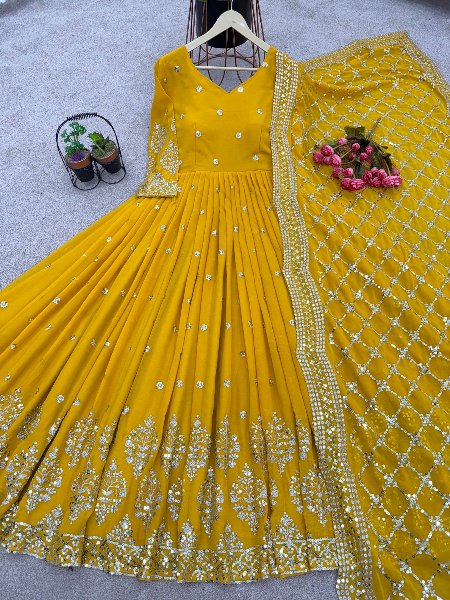 Yellow Heavy Faux Georgette Embroidered Sequence Anarkali Gown