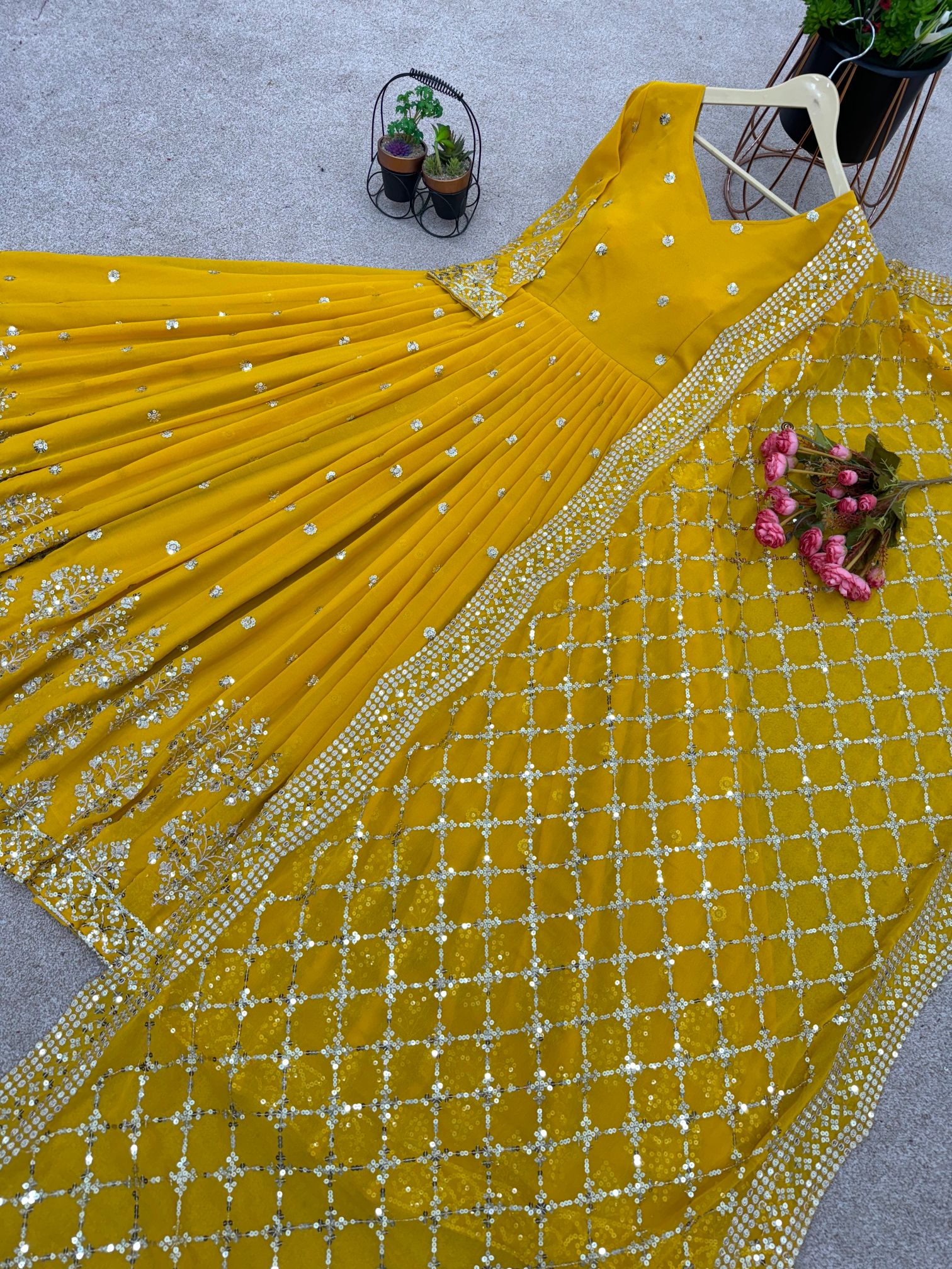 Yellow Heavy Faux Georgette Embroidered Sequence Anarkali Gown