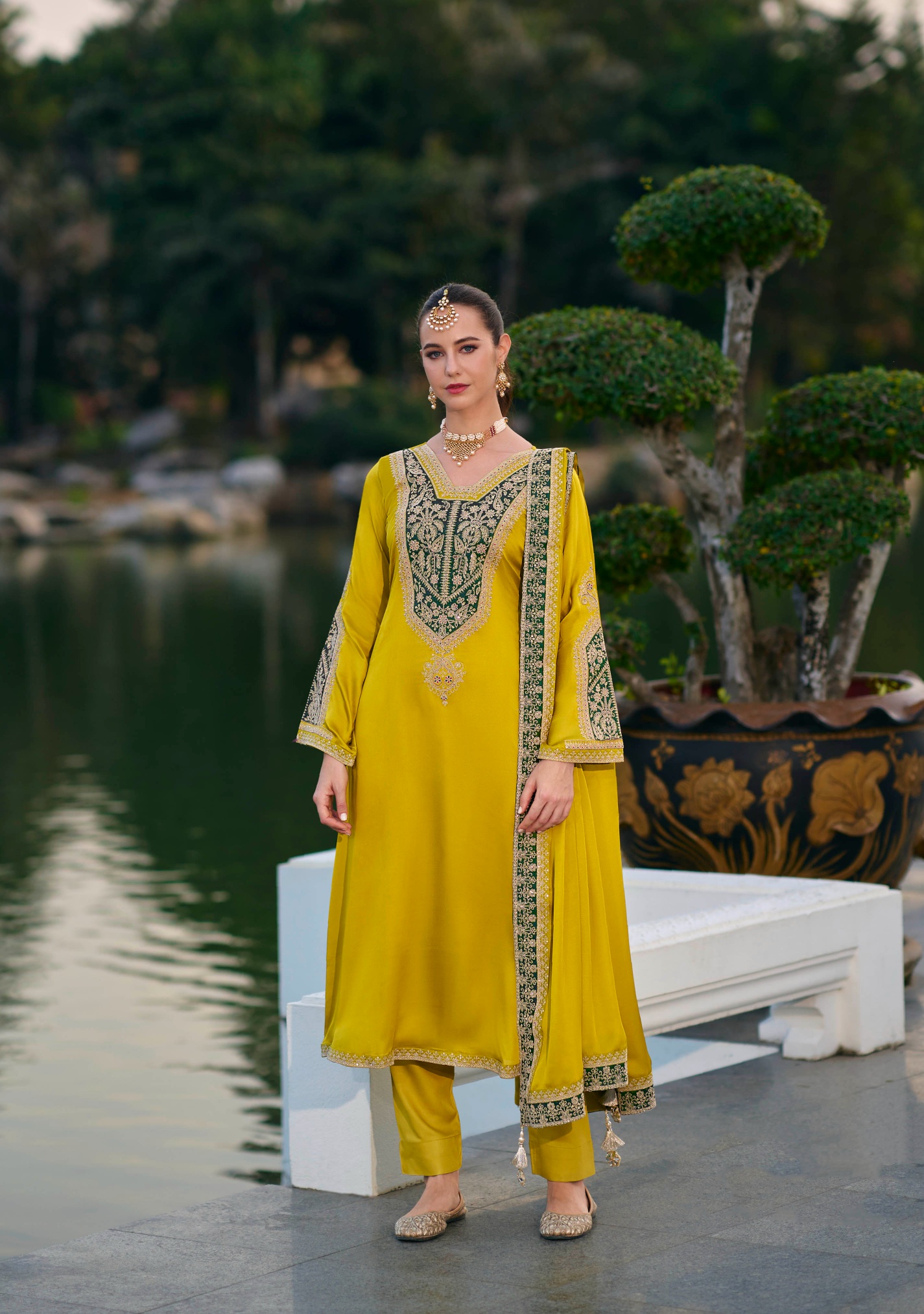Yellow Heritage Embroidered Gajji Silk Straight Salwar Suit