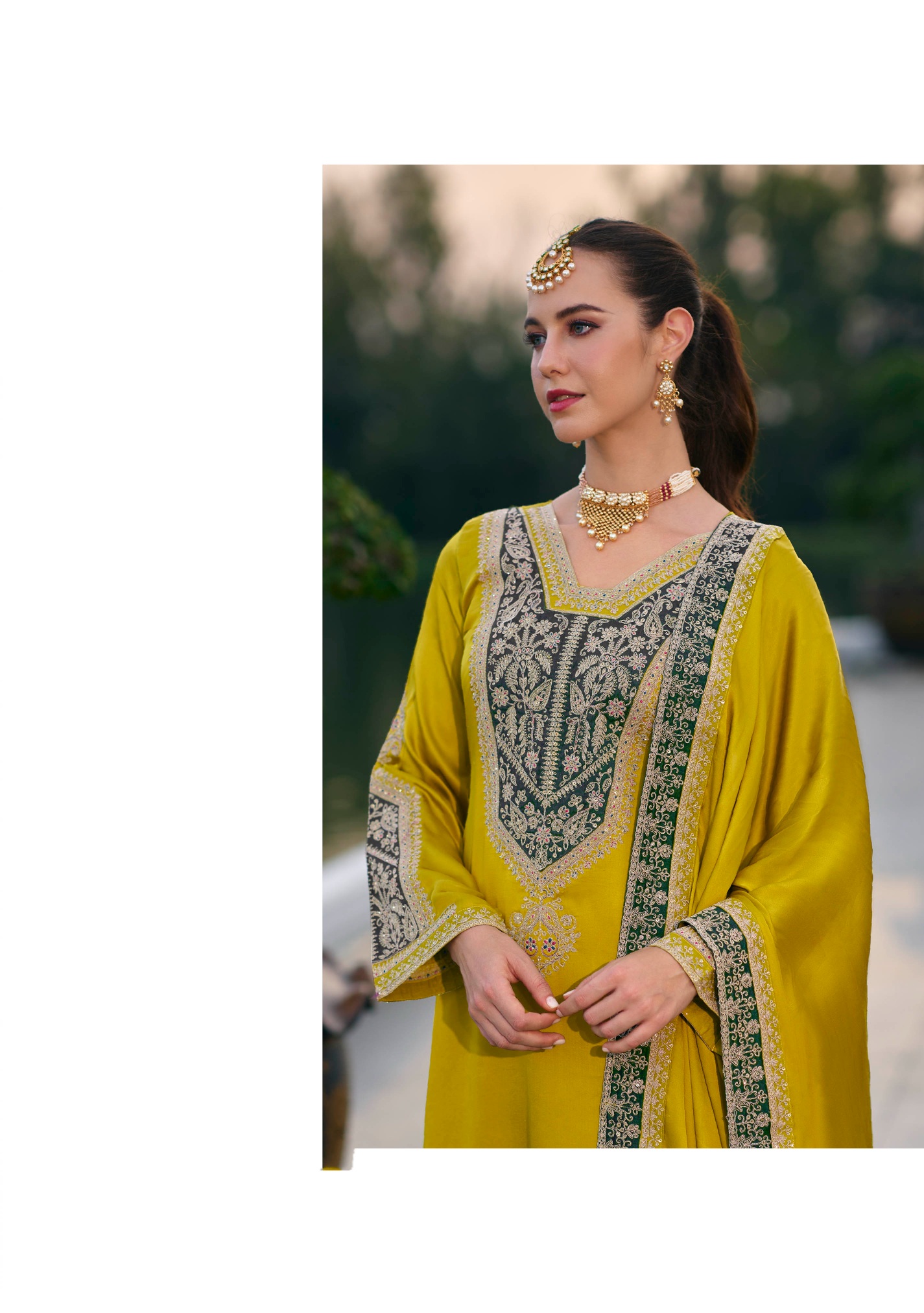 Yellow Heritage Embroidered Gajji Silk Straight Salwar Suit — alternate view