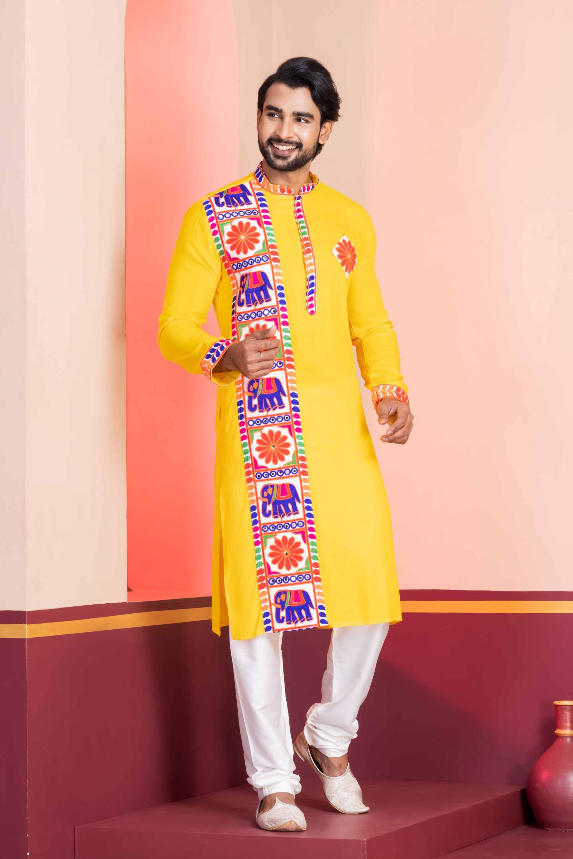 Yellow Heritage Embroidered Rayon Kurta Pyjama