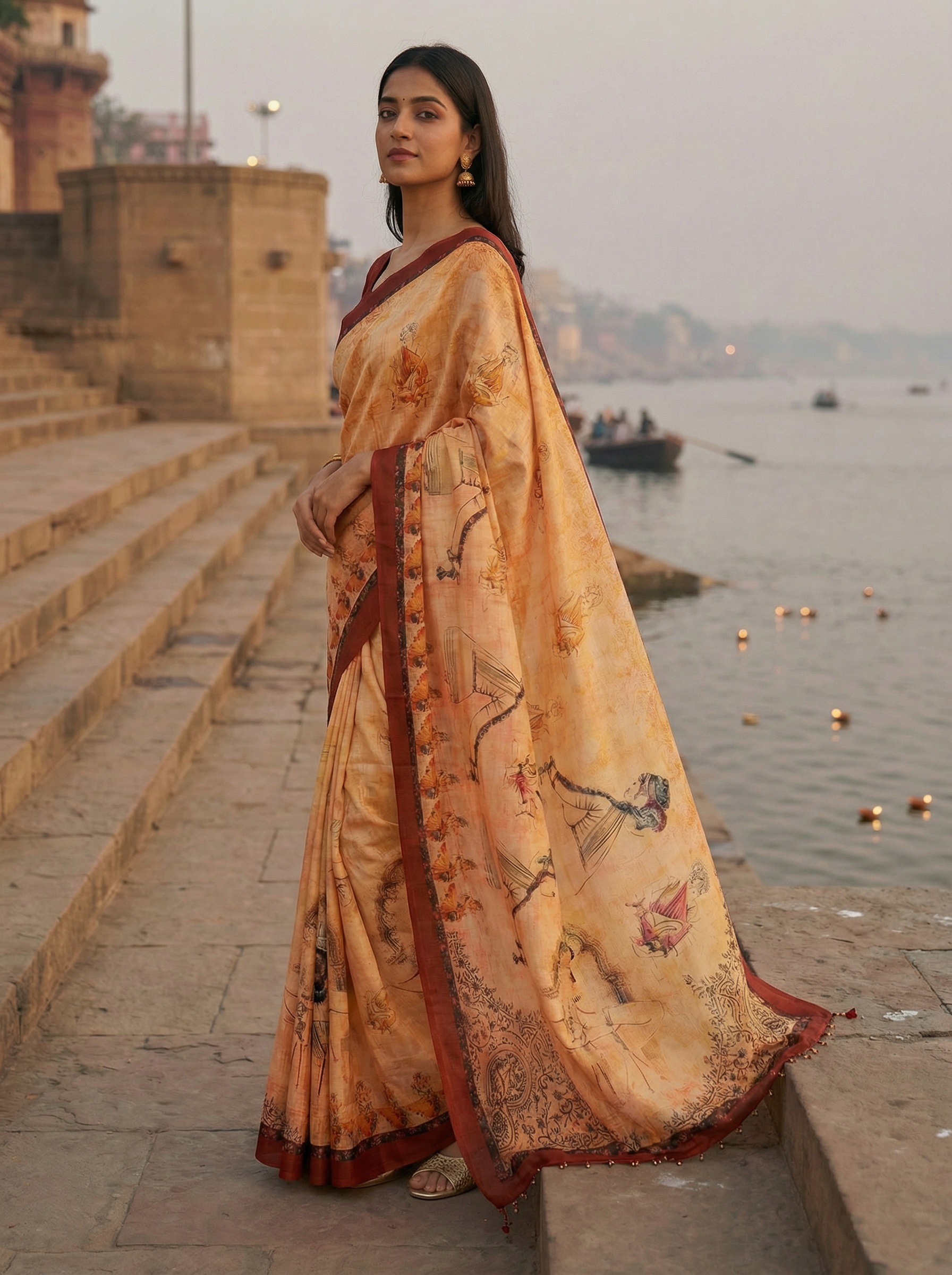 Yellow Heritage Printed Assam Silk Designer Saree — alternate view