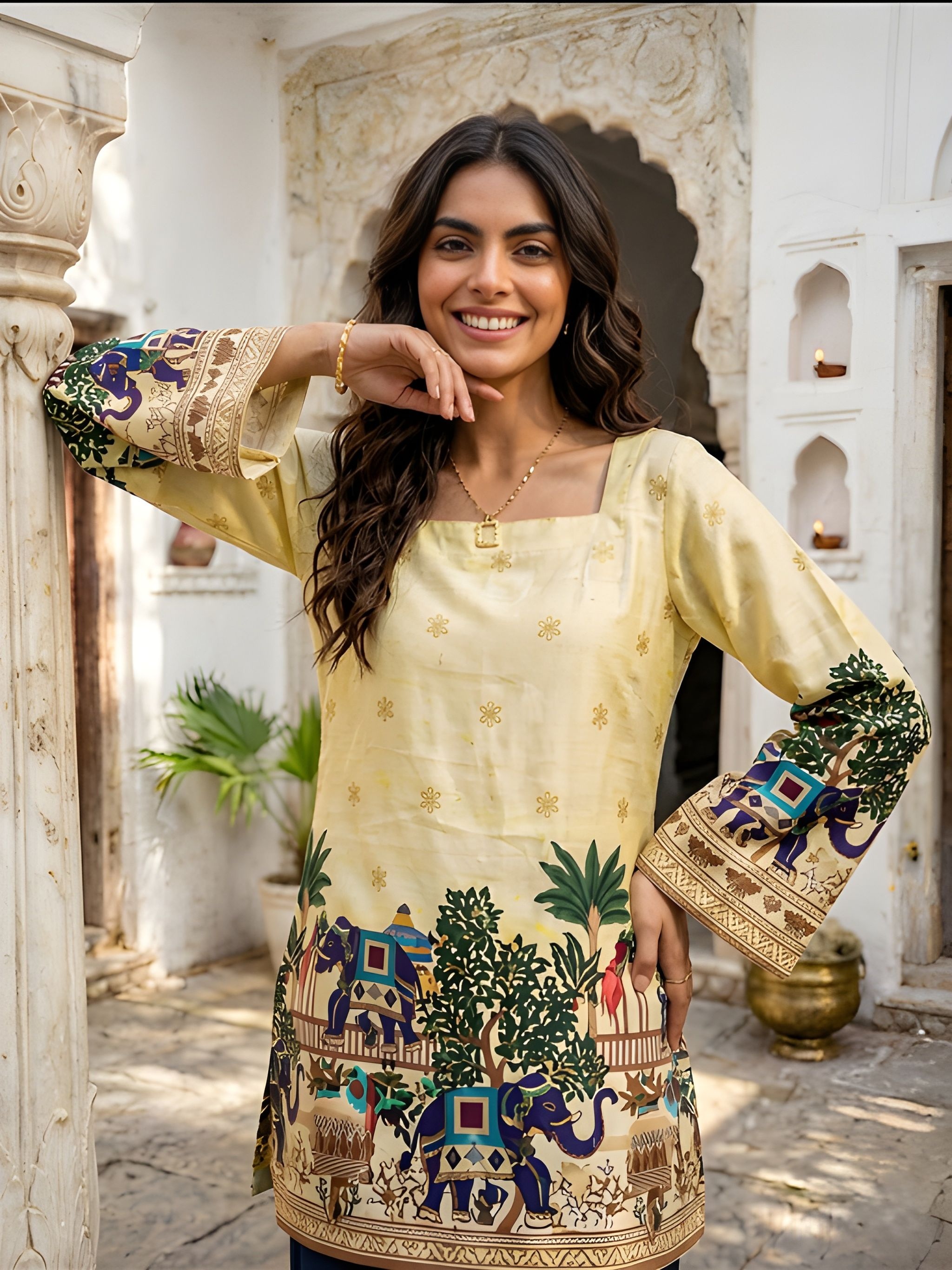 Yellow Heritage Printed Cotton Short Kurti