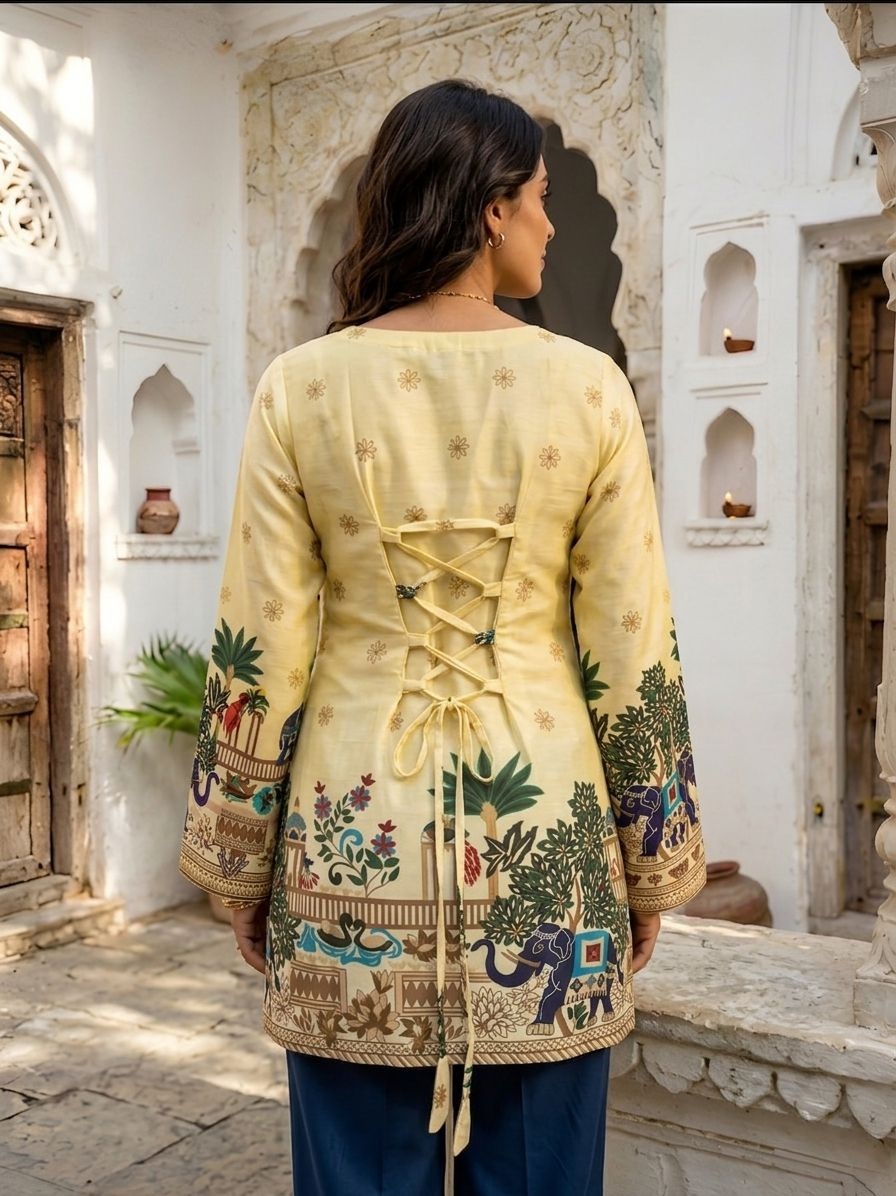 Yellow Heritage Printed Cotton Short Kurti — alternate view