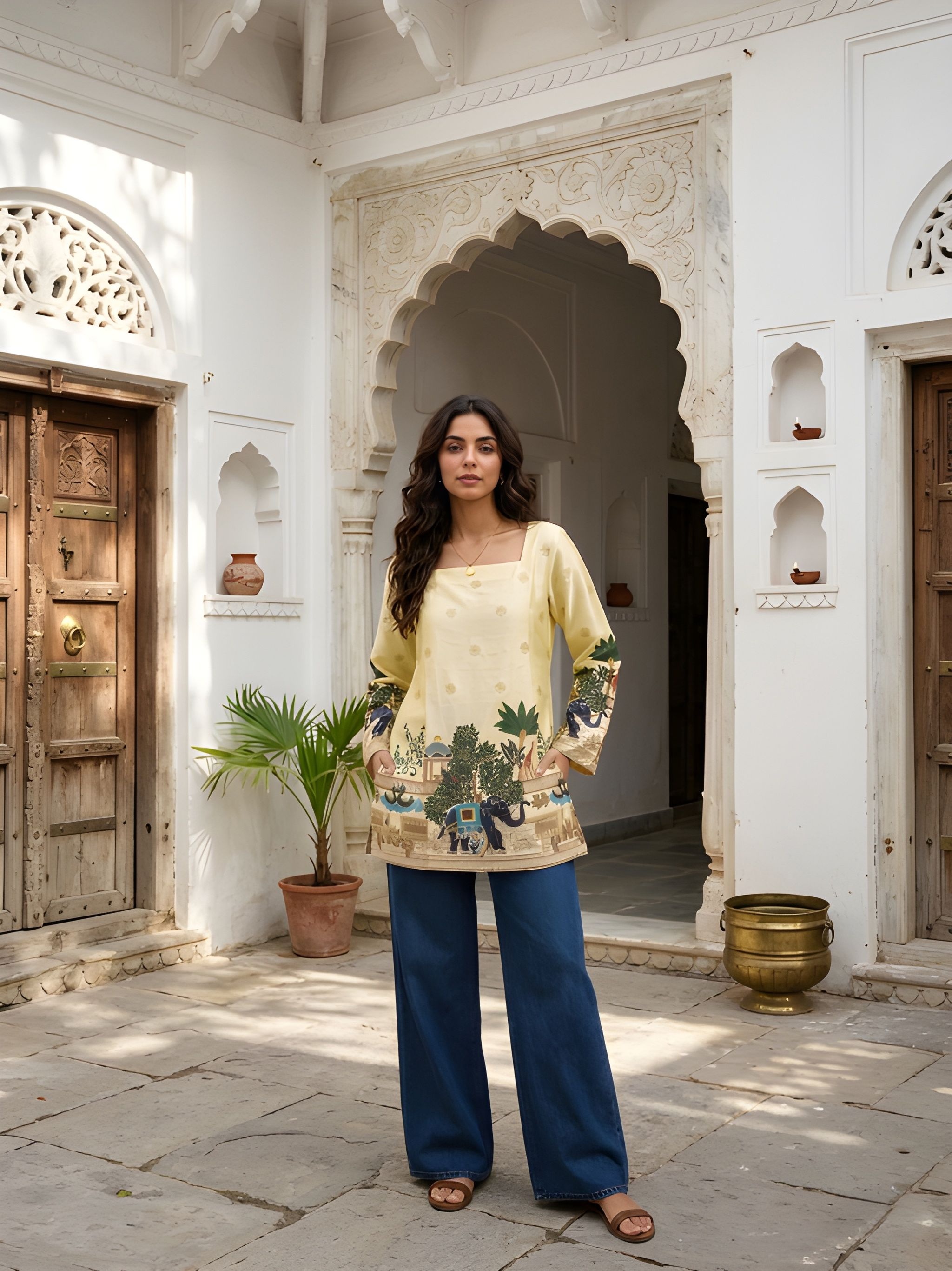Yellow Heritage Printed Cotton Short Kurti