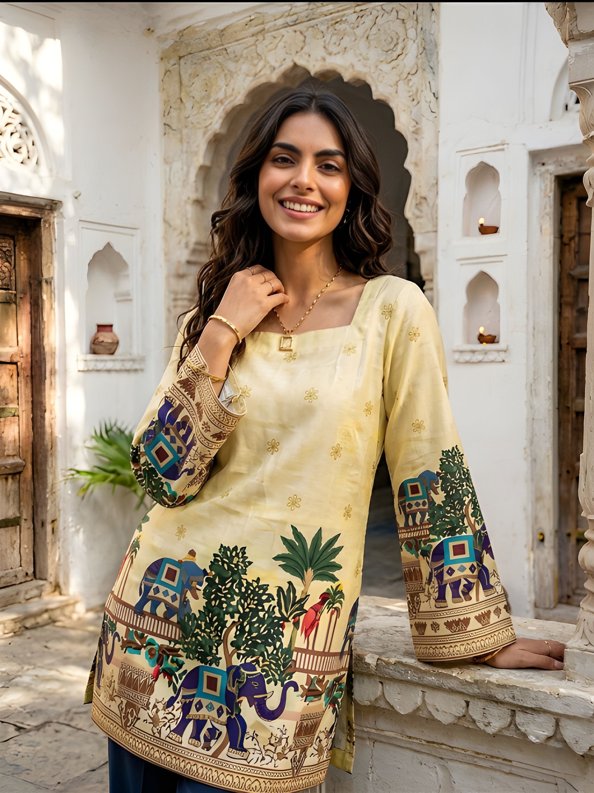 Yellow Heritage Printed Cotton Short Kurti