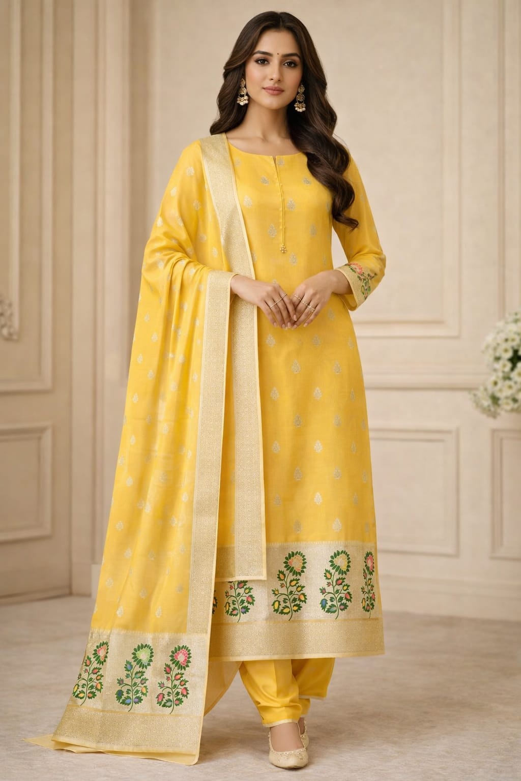 Yellow Jacquard Designer Lichi Silk Salwar Suit
