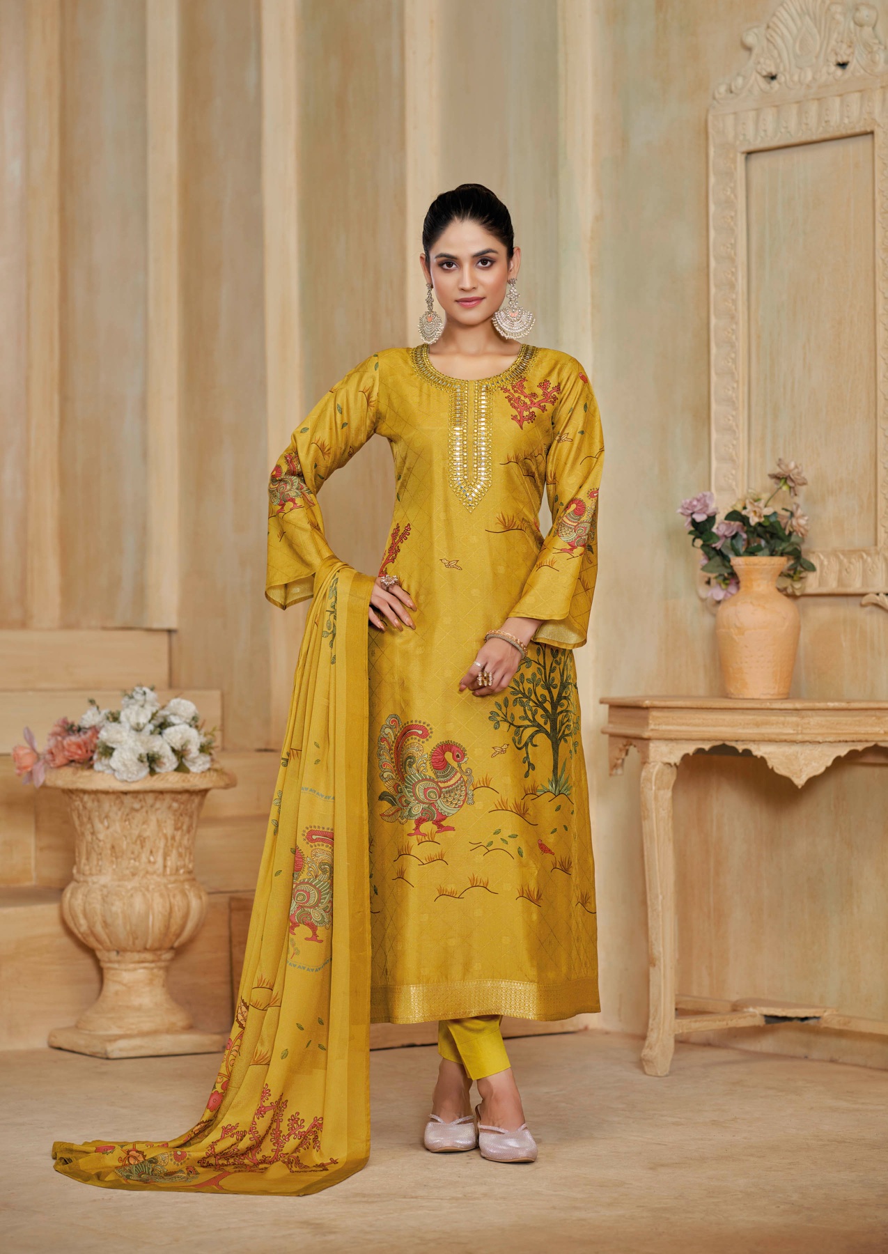 Yellow Jacquard Silk Salwar Suit