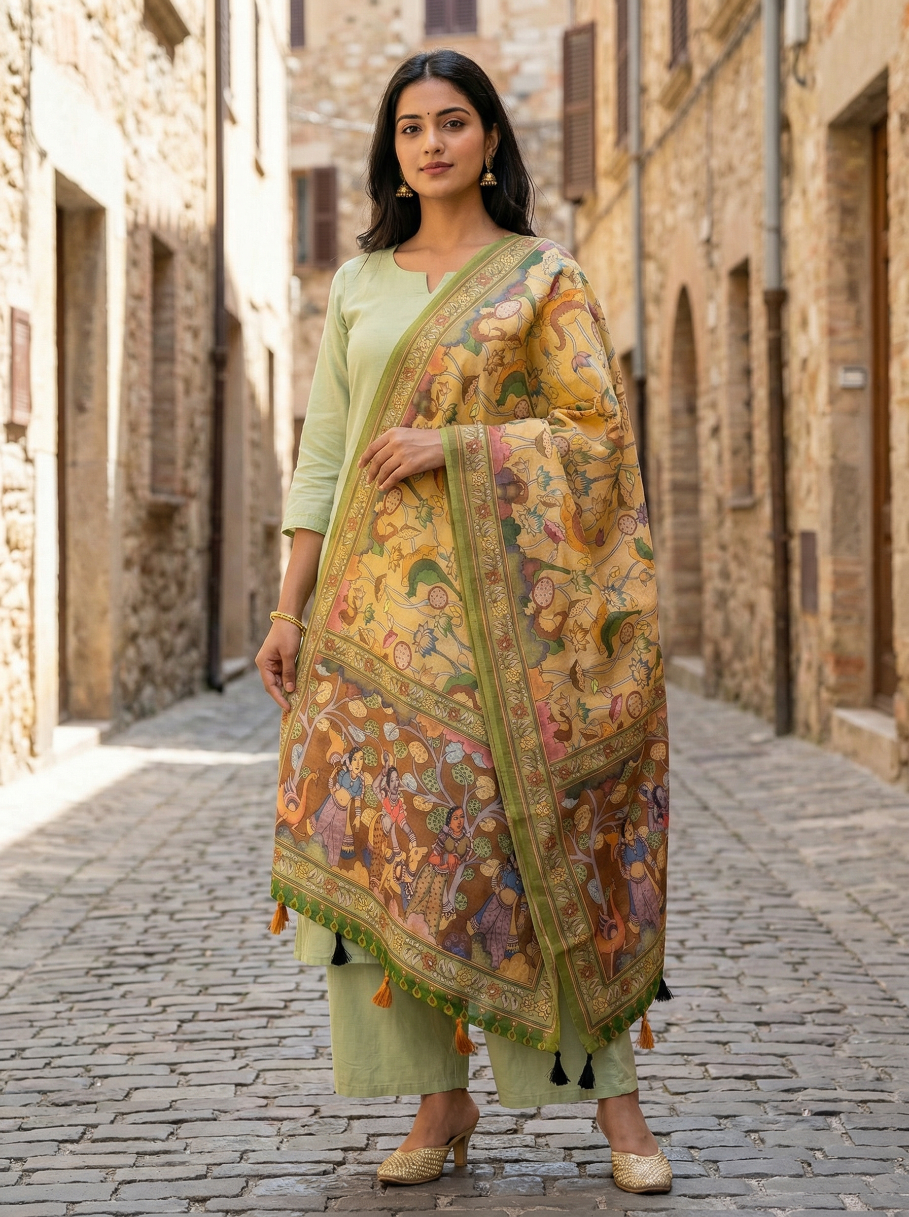 Yellow Kalamkari Heritage Linen Silk Designer Dupatta