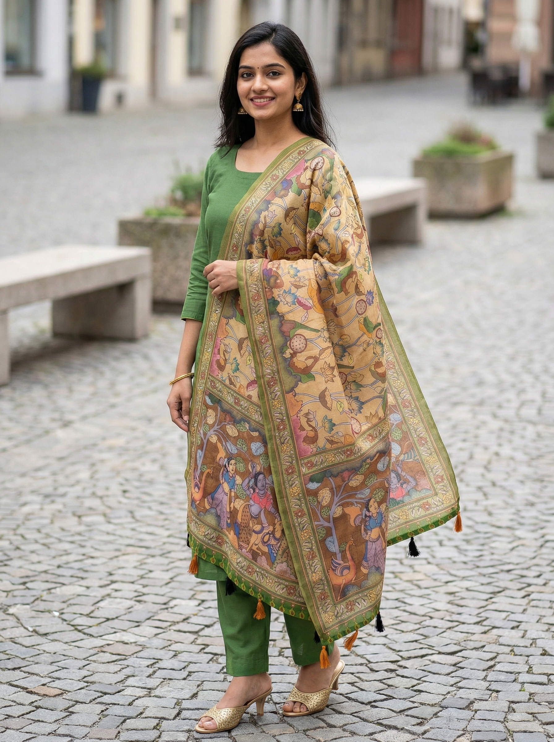 Yellow Kalamkari Heritage Linen Silk Designer Dupatta — alternate view