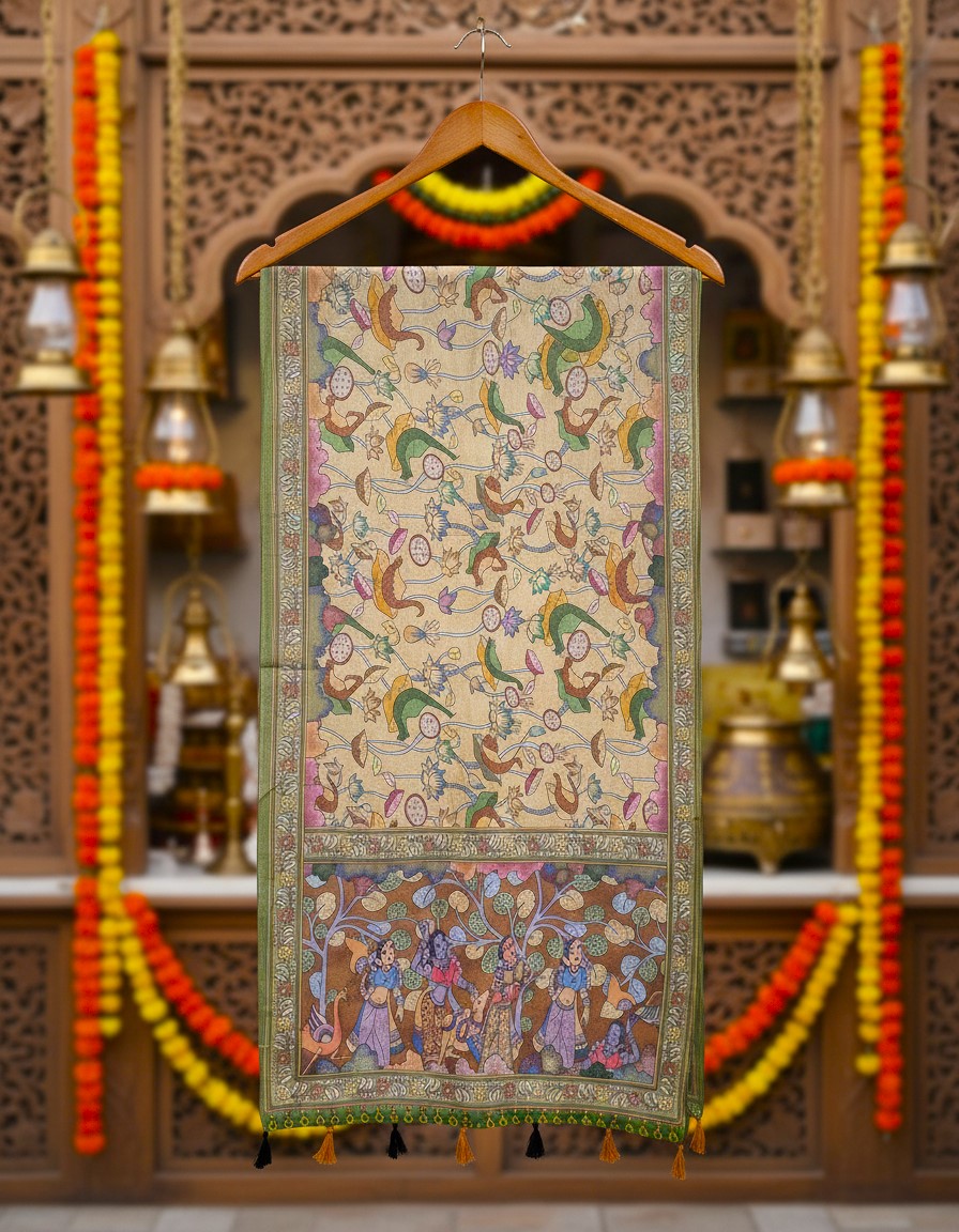 Yellow Kalamkari Heritage Linen Silk Designer Dupatta