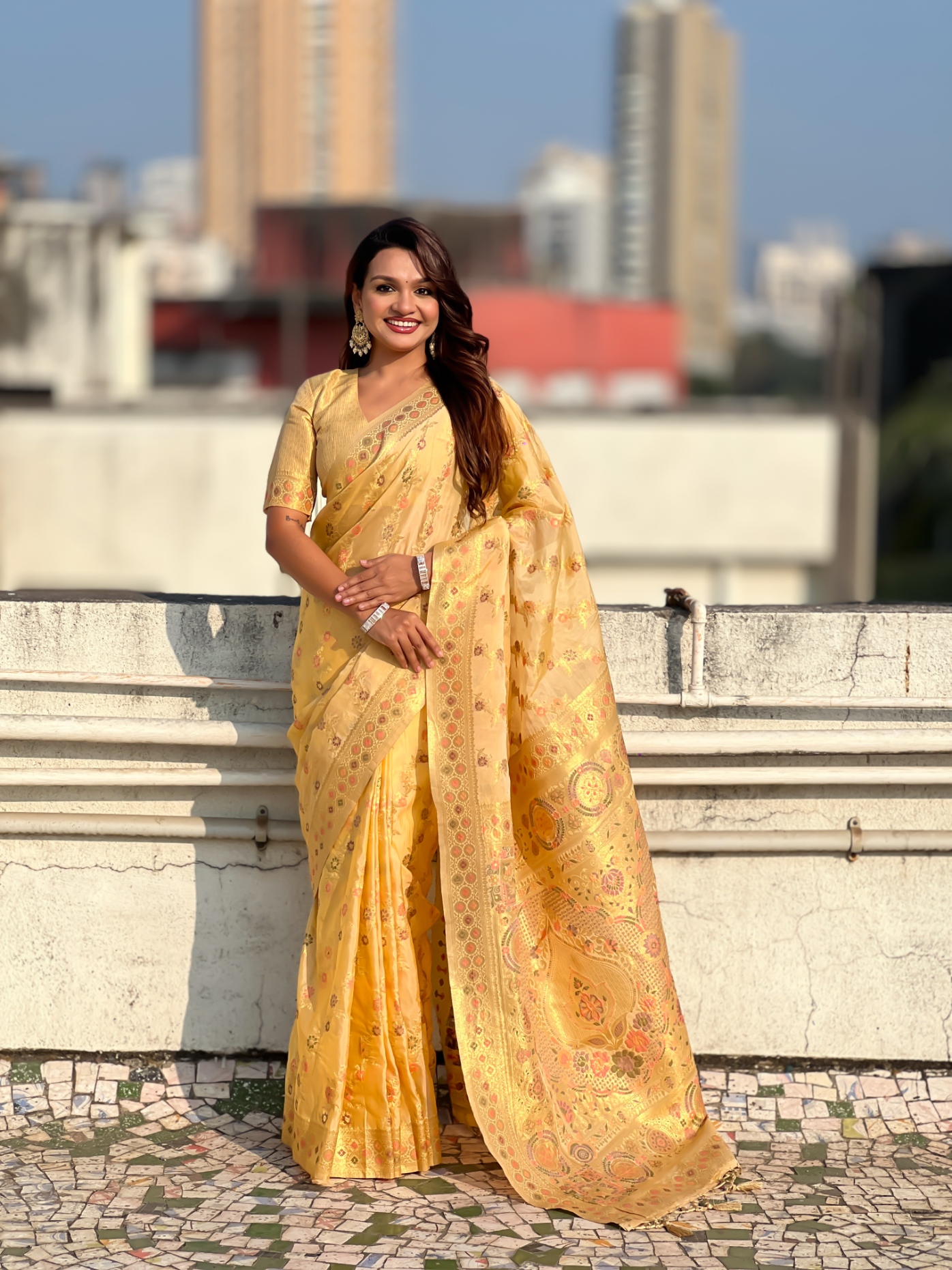 Yellow Kora Silk Woven Geometric Saree