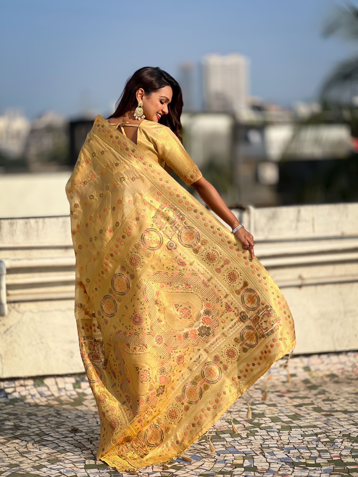 Yellow Kora Silk Woven Geometric Saree — alternate view