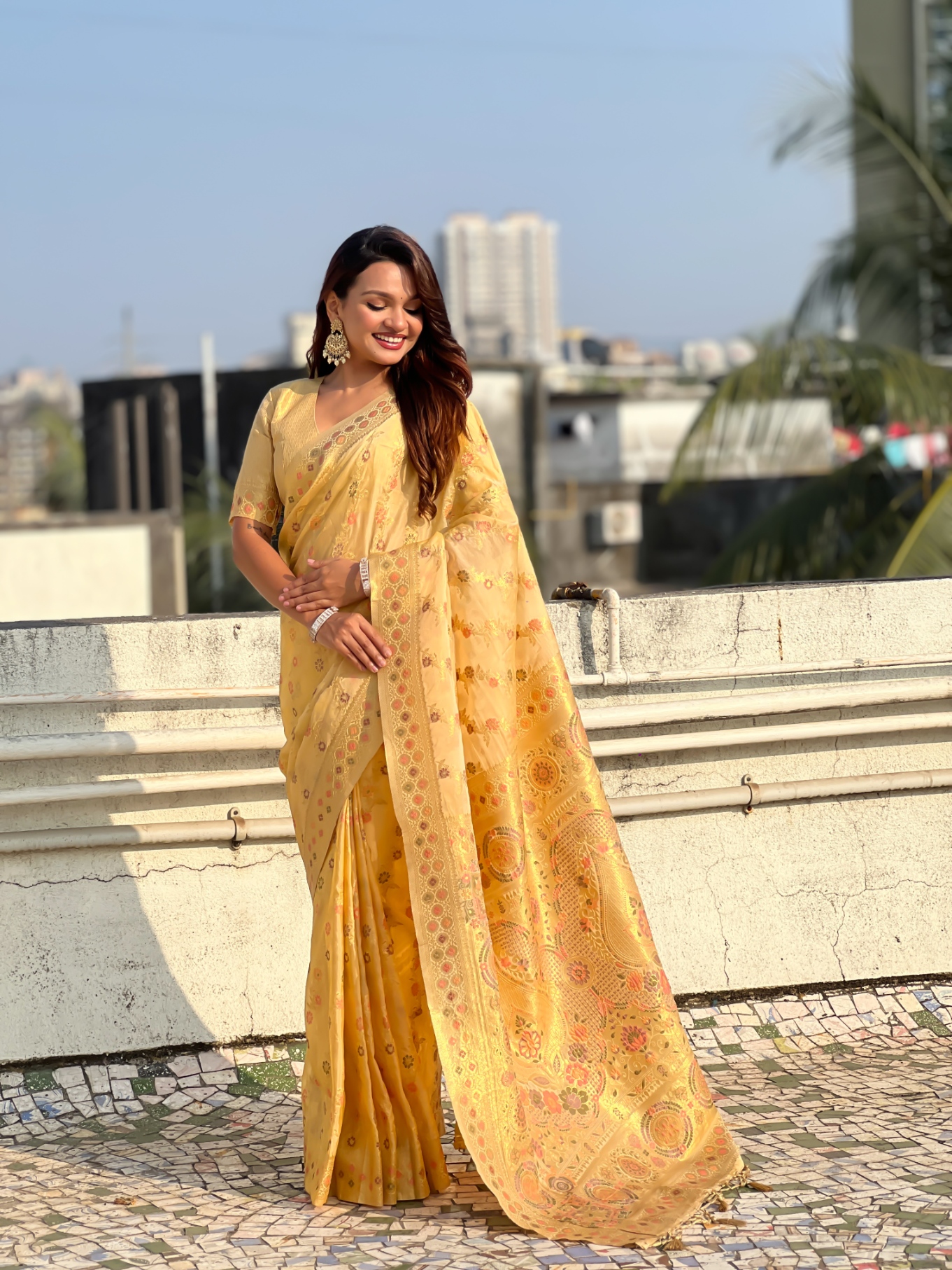Yellow Kora Silk Woven Geometric Saree