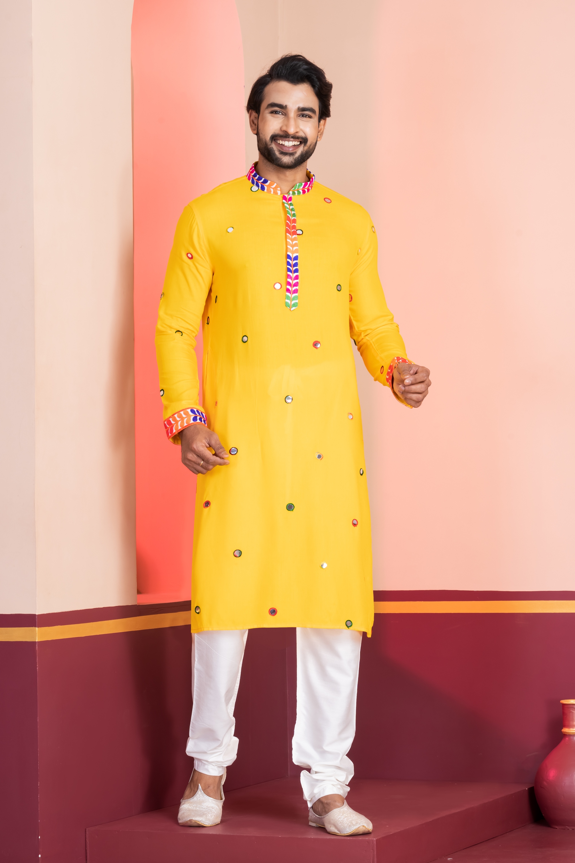 Yellow Lace Embroidery Rayon Kurta Pyjama