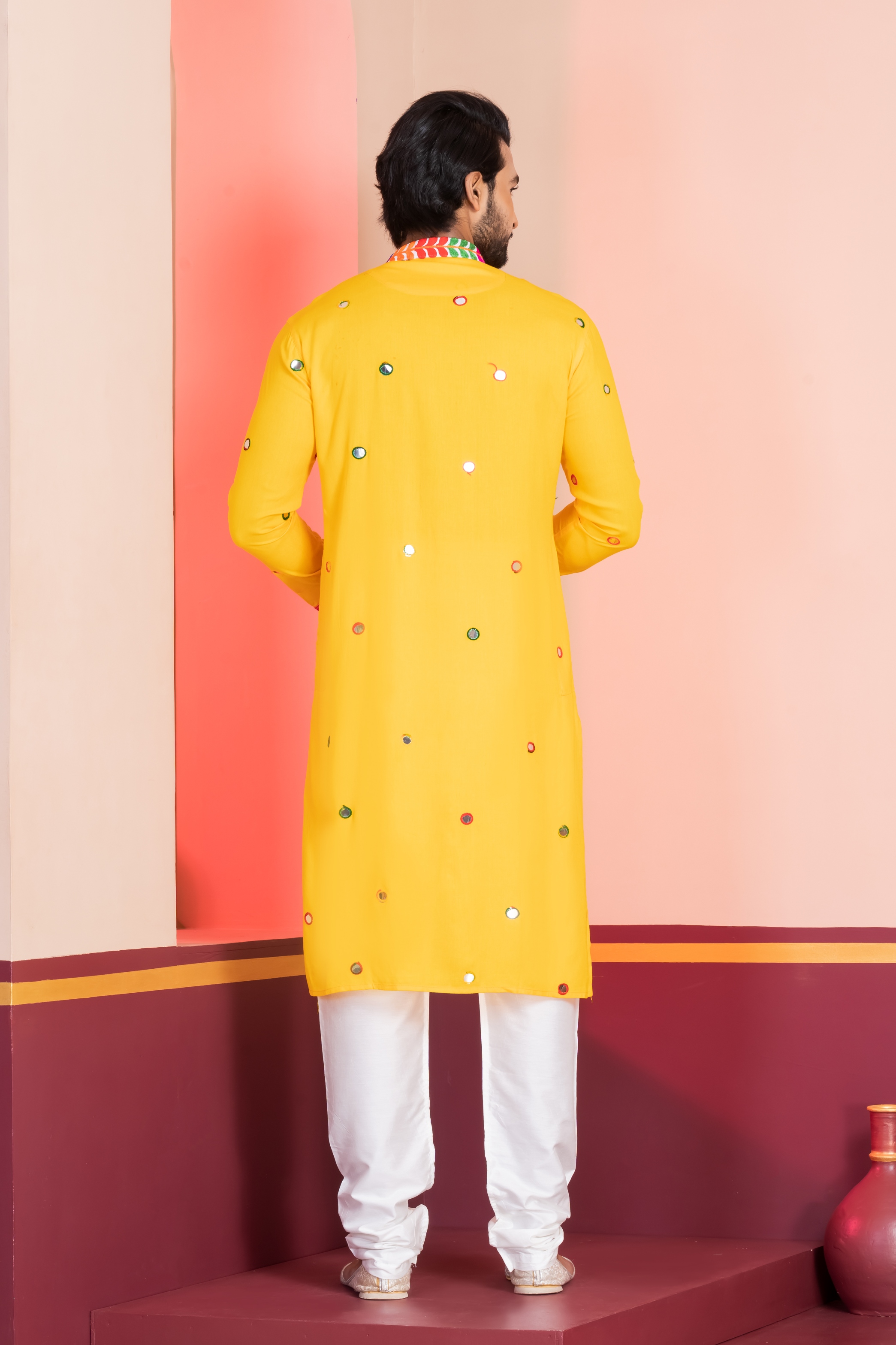 Yellow Lace Embroidery Rayon Kurta Pyjama — alternate view