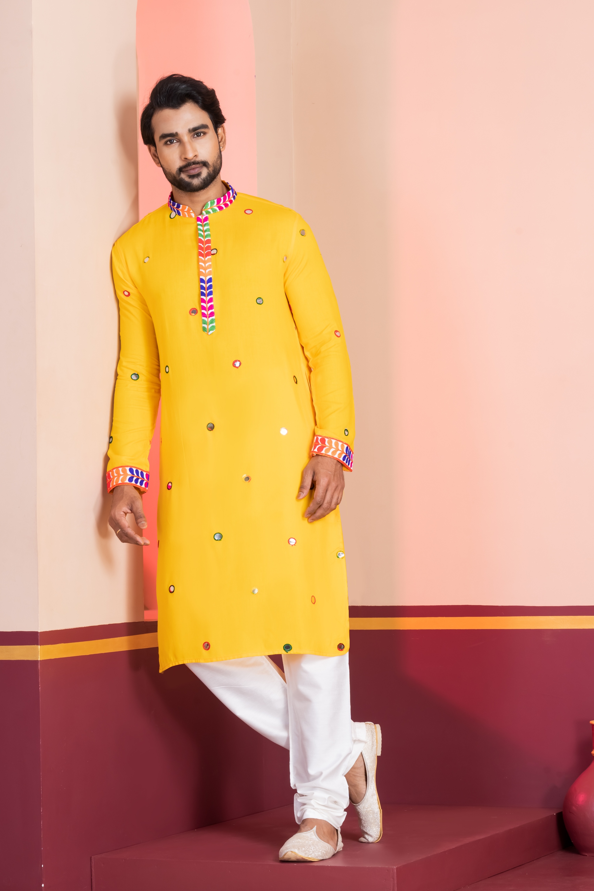 Yellow Lace Embroidery Rayon Kurta Pyjama
