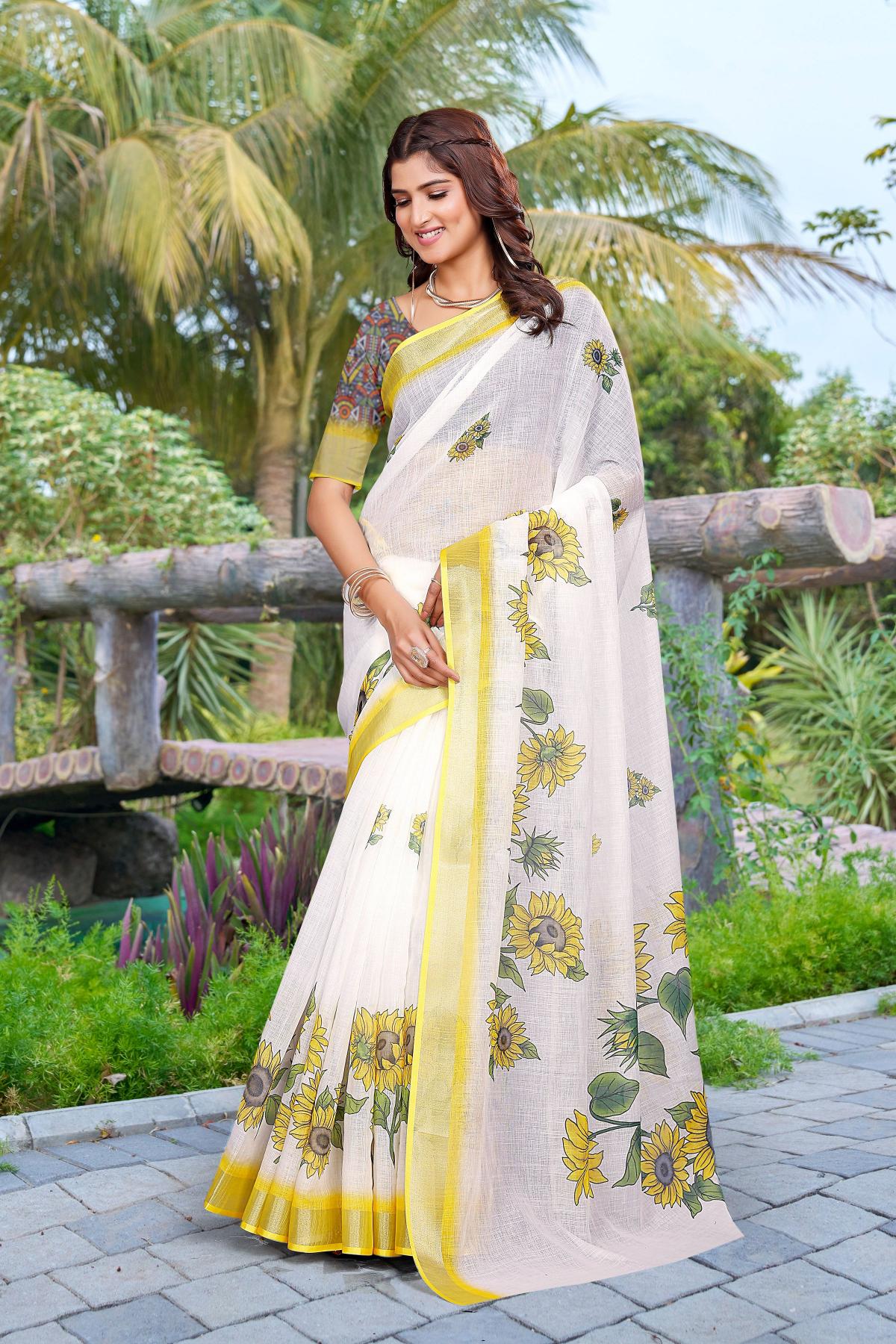 Yellow Linen Cotton Digital Printed Saree