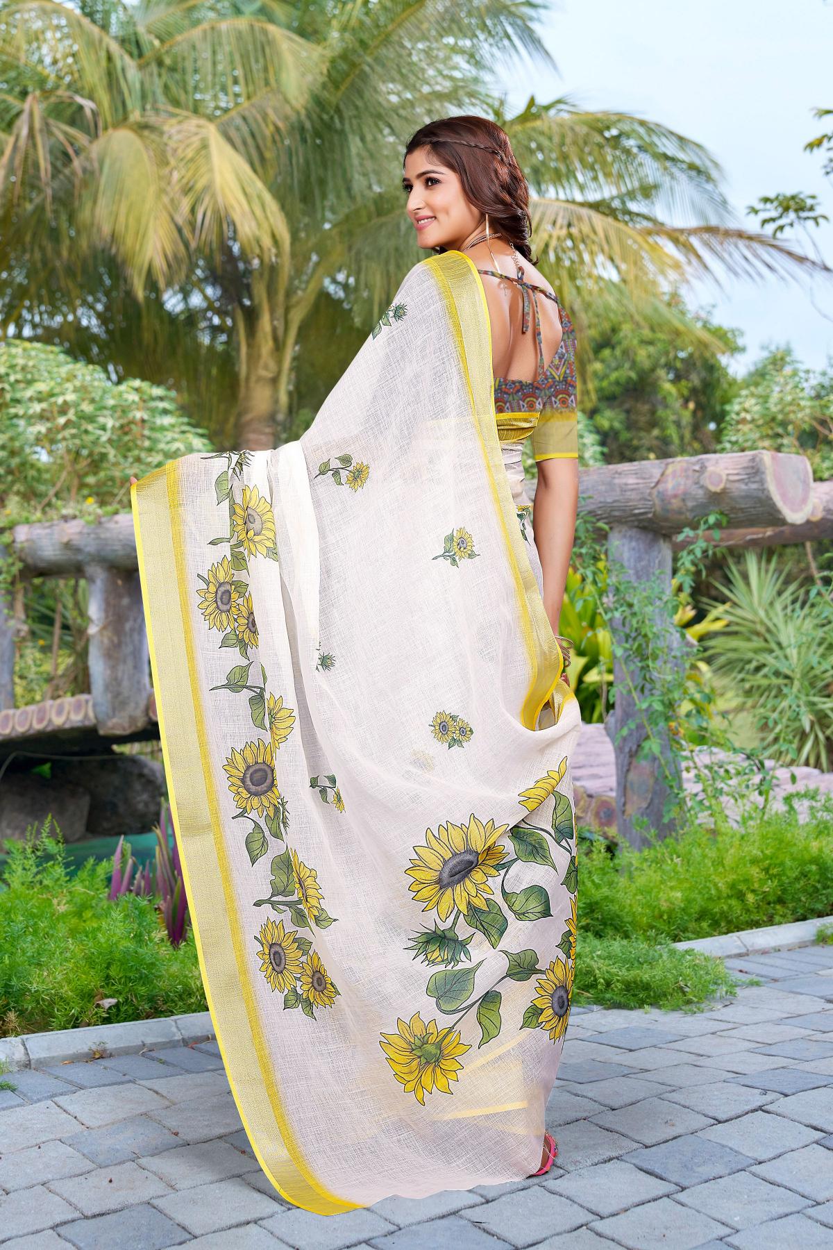 Yellow Linen Cotton Digital Printed Saree — alternate view