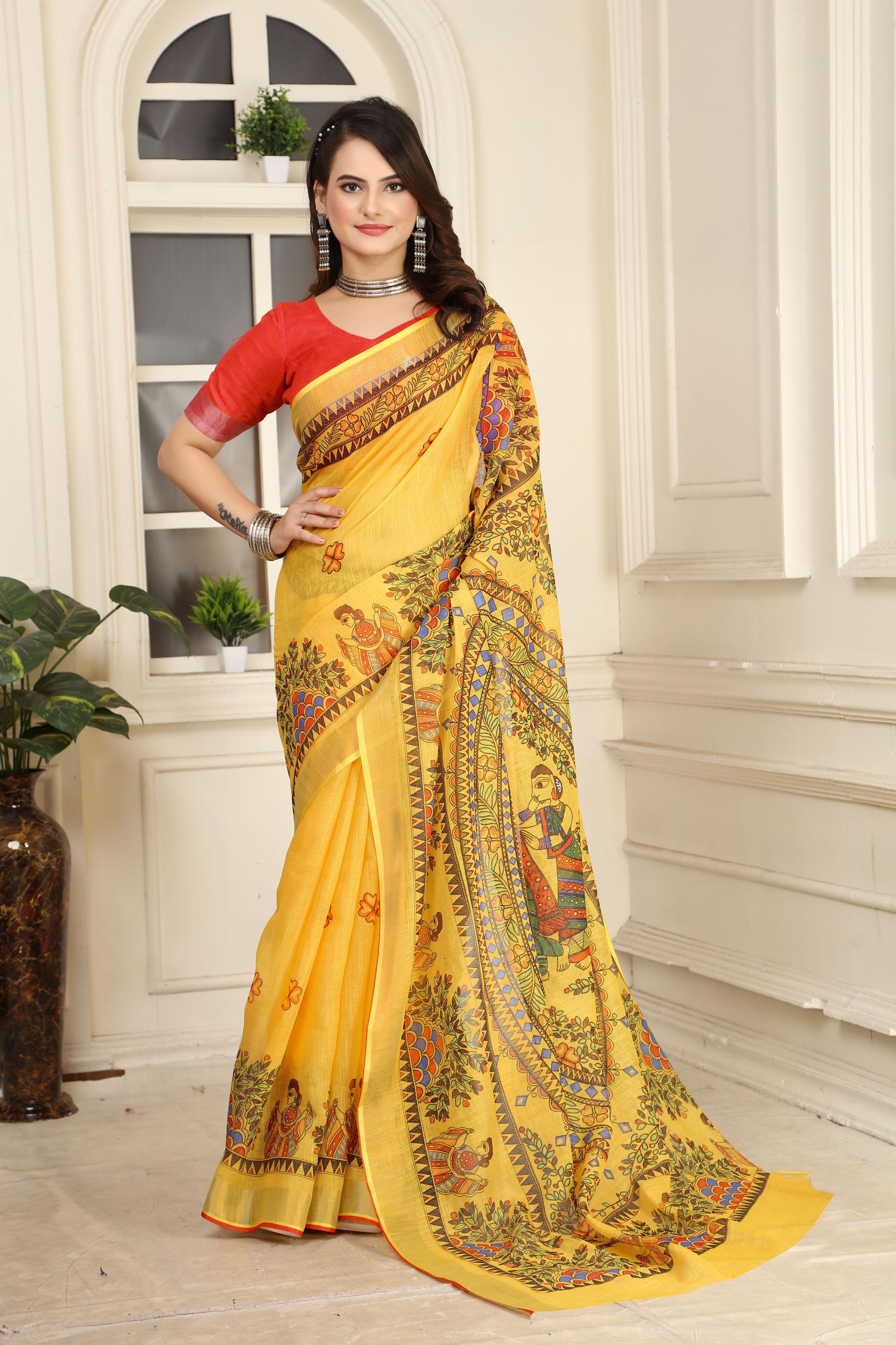 Yellow Linen Cotton Saree
