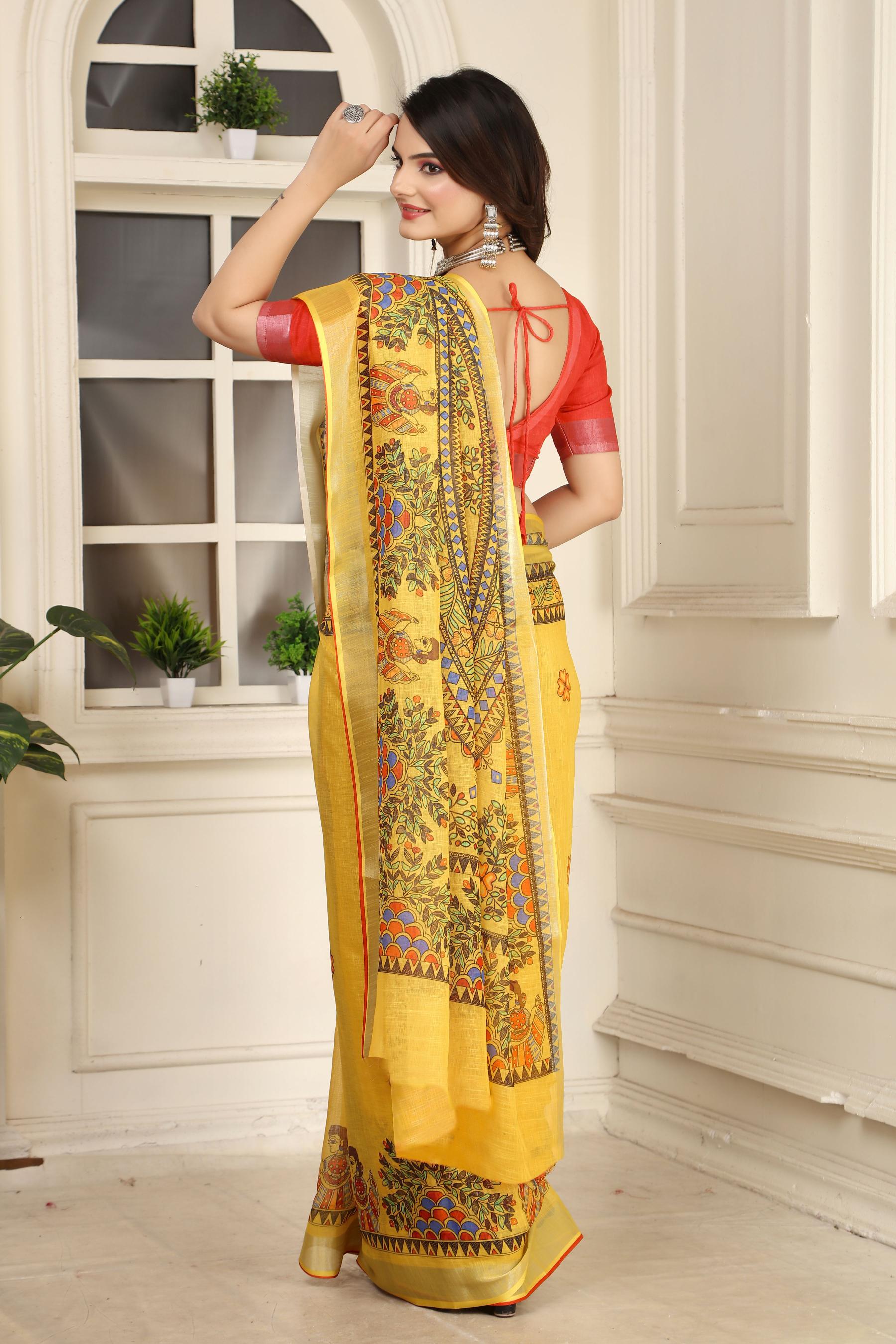 Yellow Linen Cotton Saree