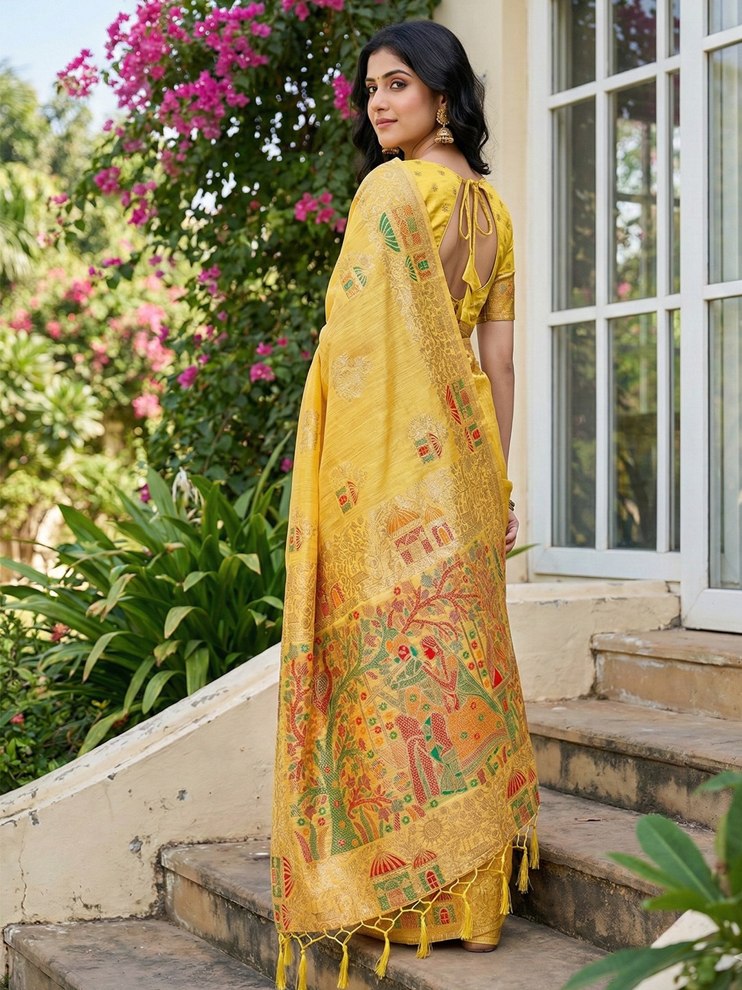 Yellow Linen Cotton Woven Designer Saree — alternate view