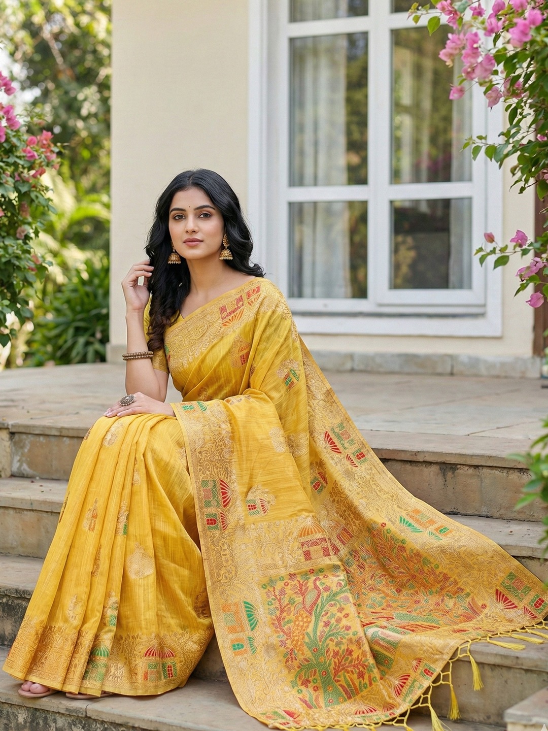 Yellow Linen Cotton Woven Designer Saree