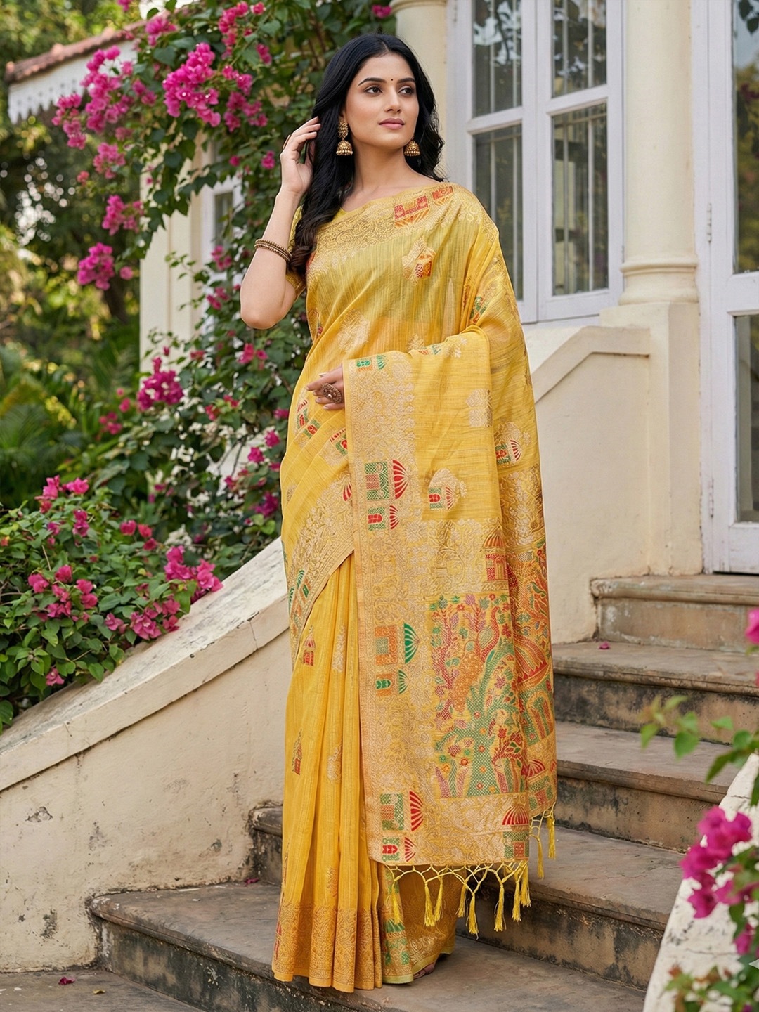 Yellow Linen Cotton Woven Designer Saree