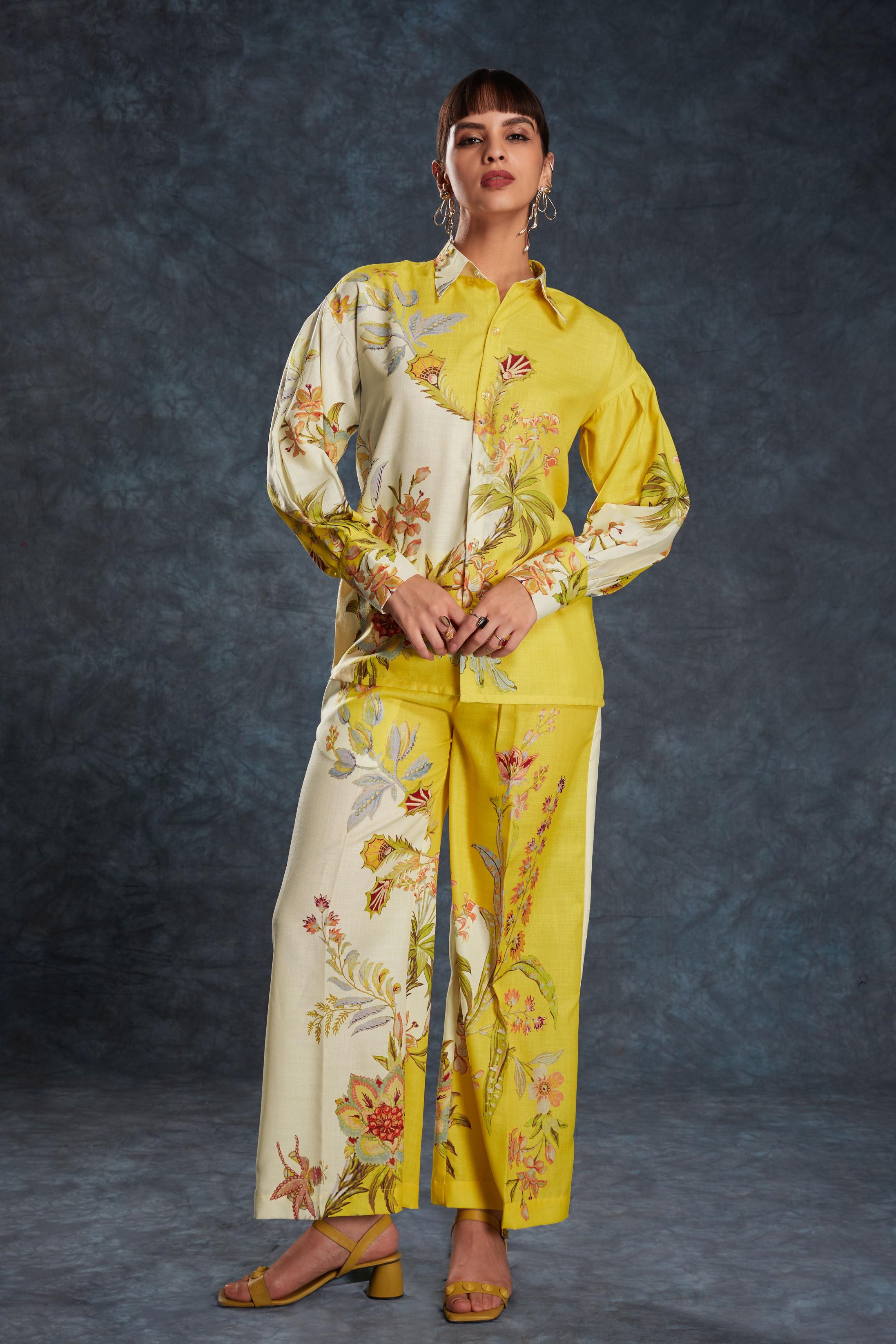 Yellow Linen Designer Printed Kurti