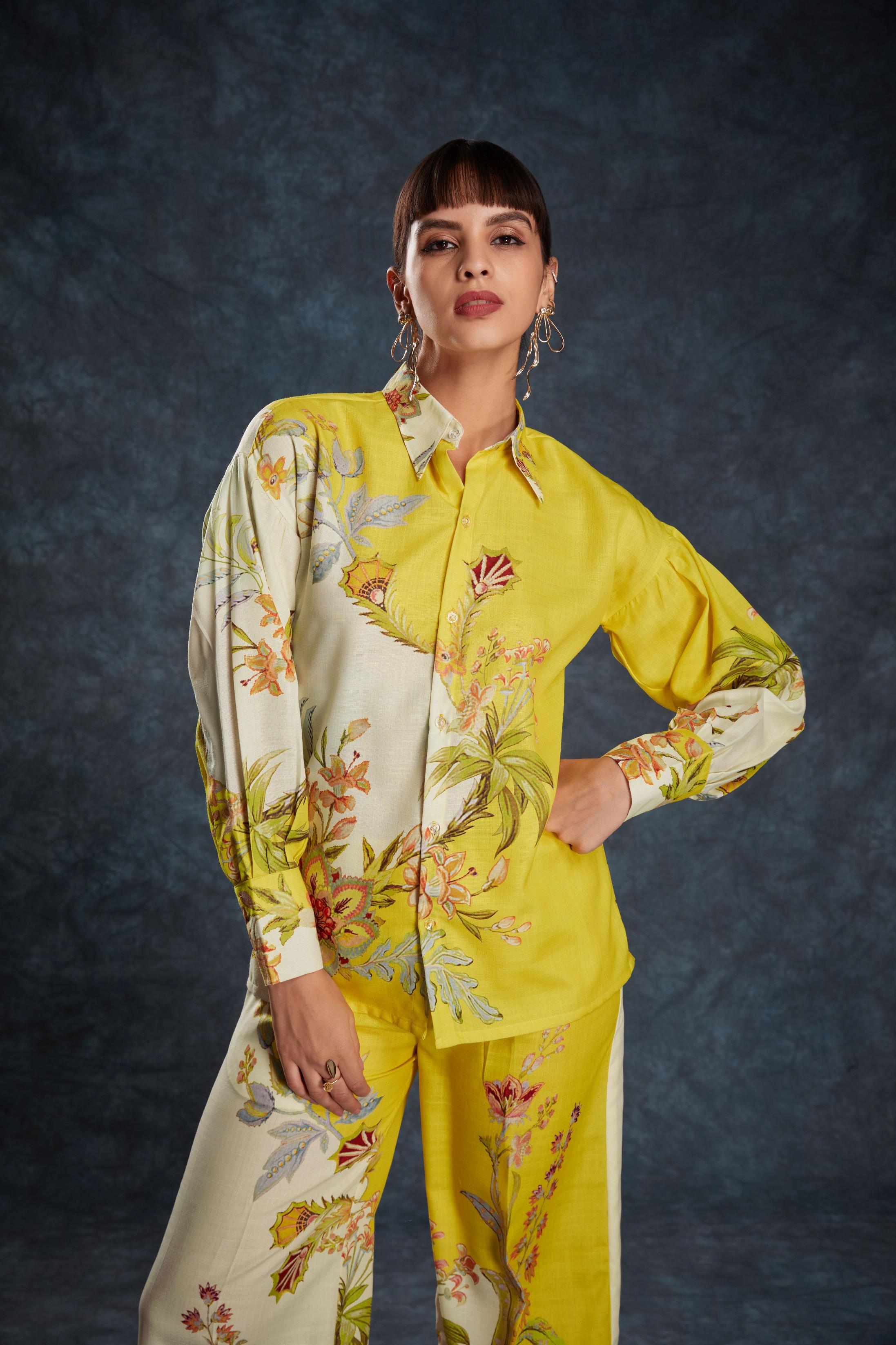Yellow Linen Designer Printed Kurti — alternate view