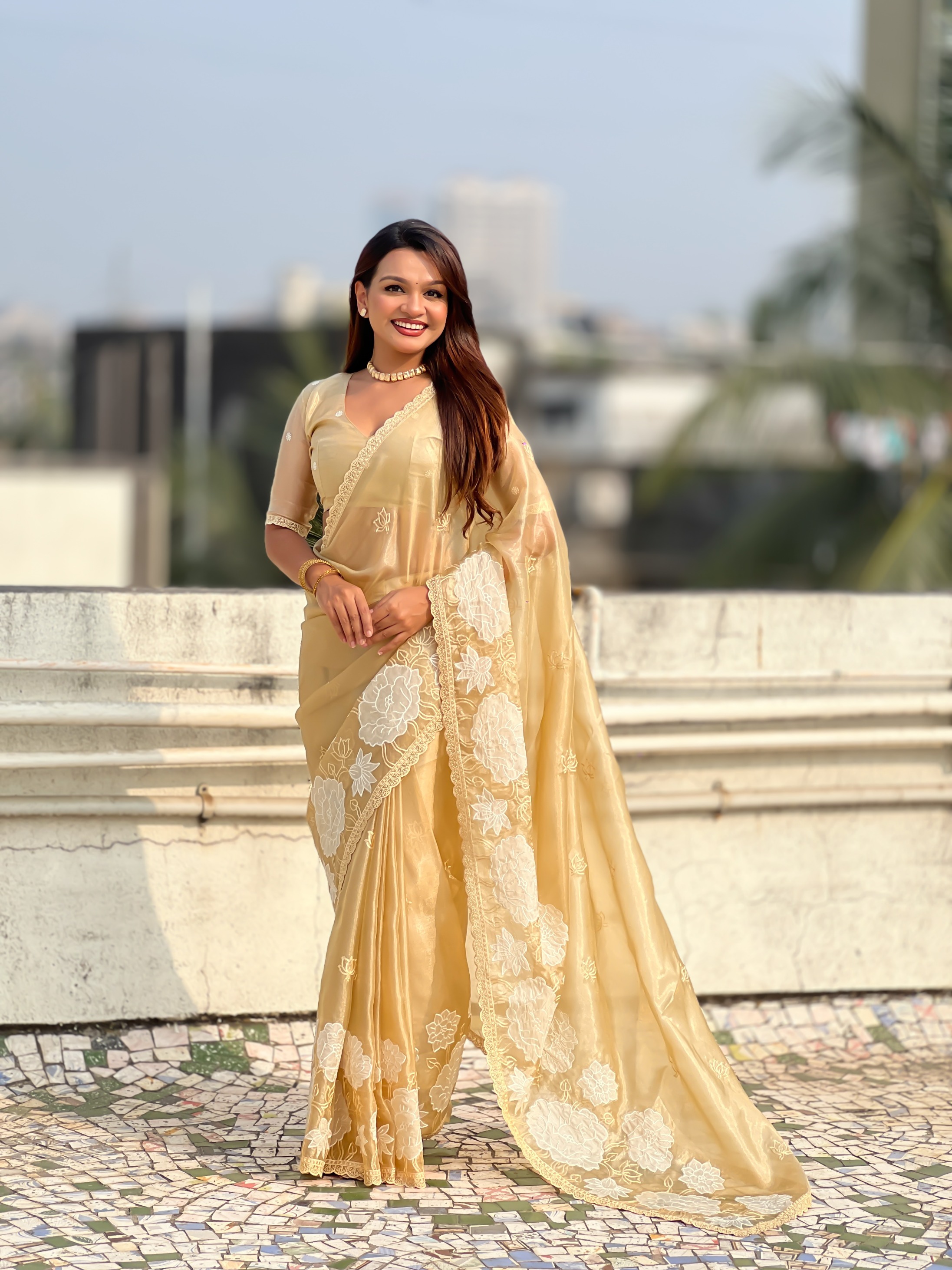 Yellow Lotus Embroidery Oris Silk Saree