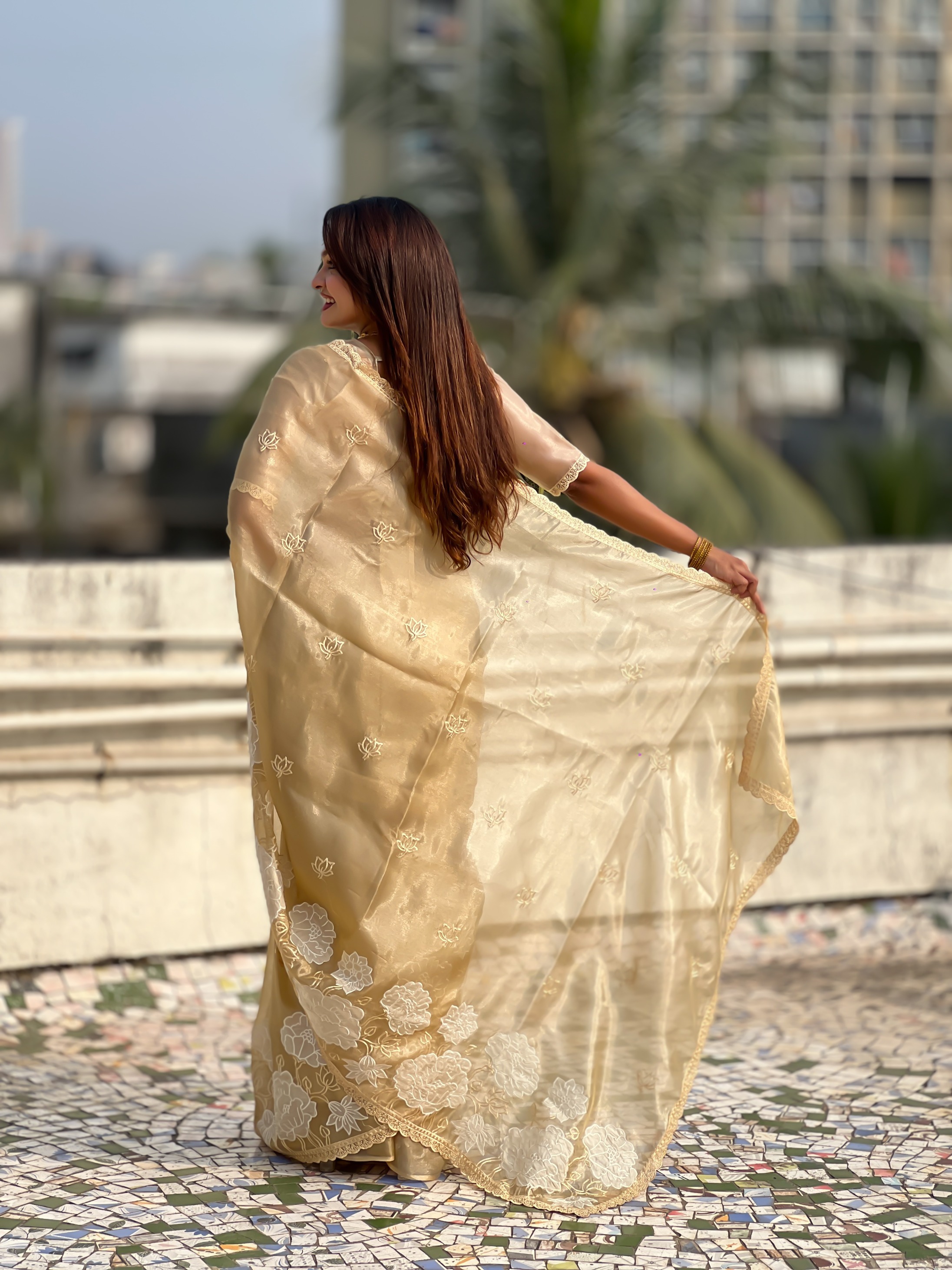 Yellow Lotus Embroidery Oris Silk Saree — alternate view