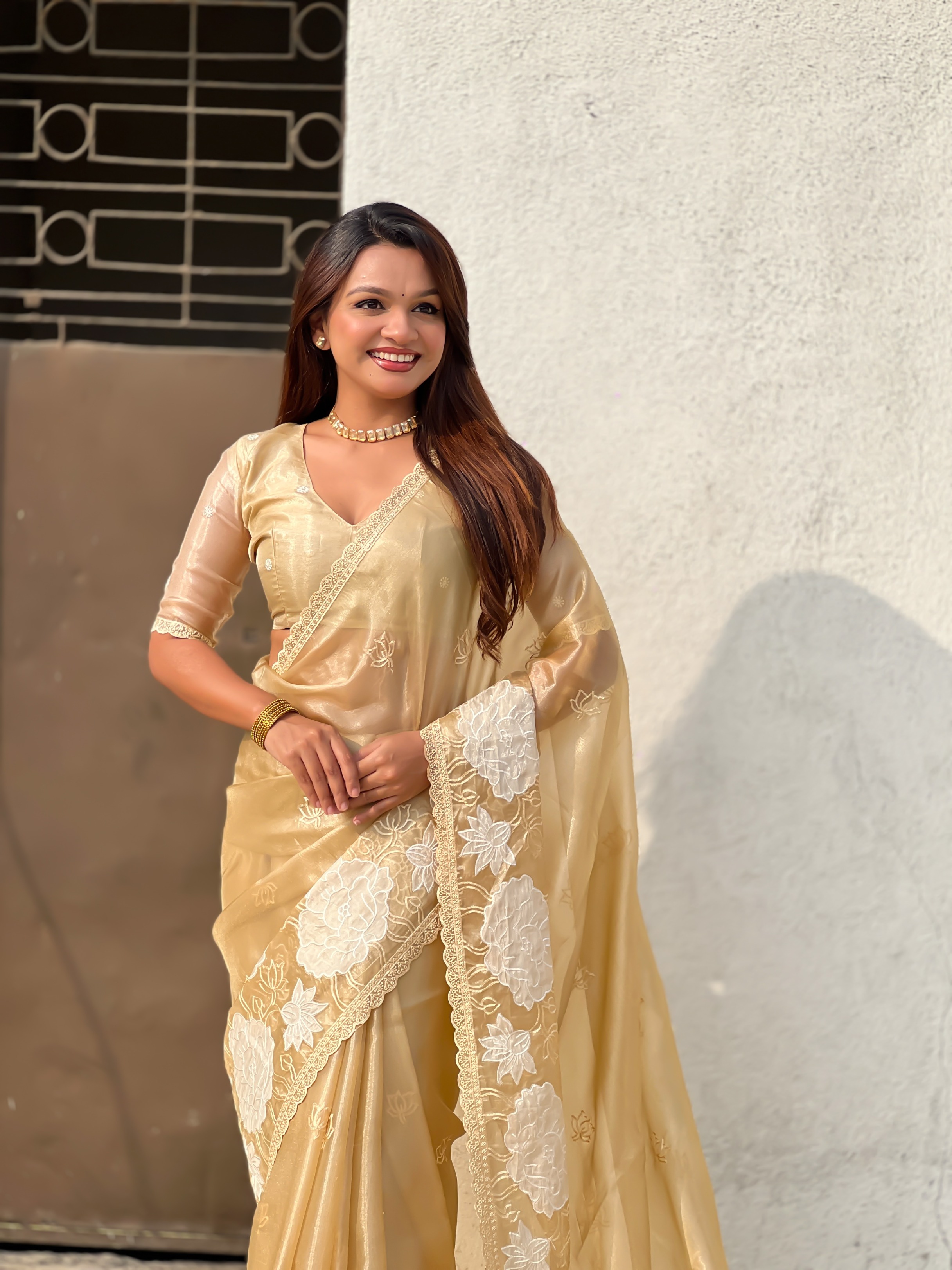 Yellow Lotus Embroidery Oris Silk Saree