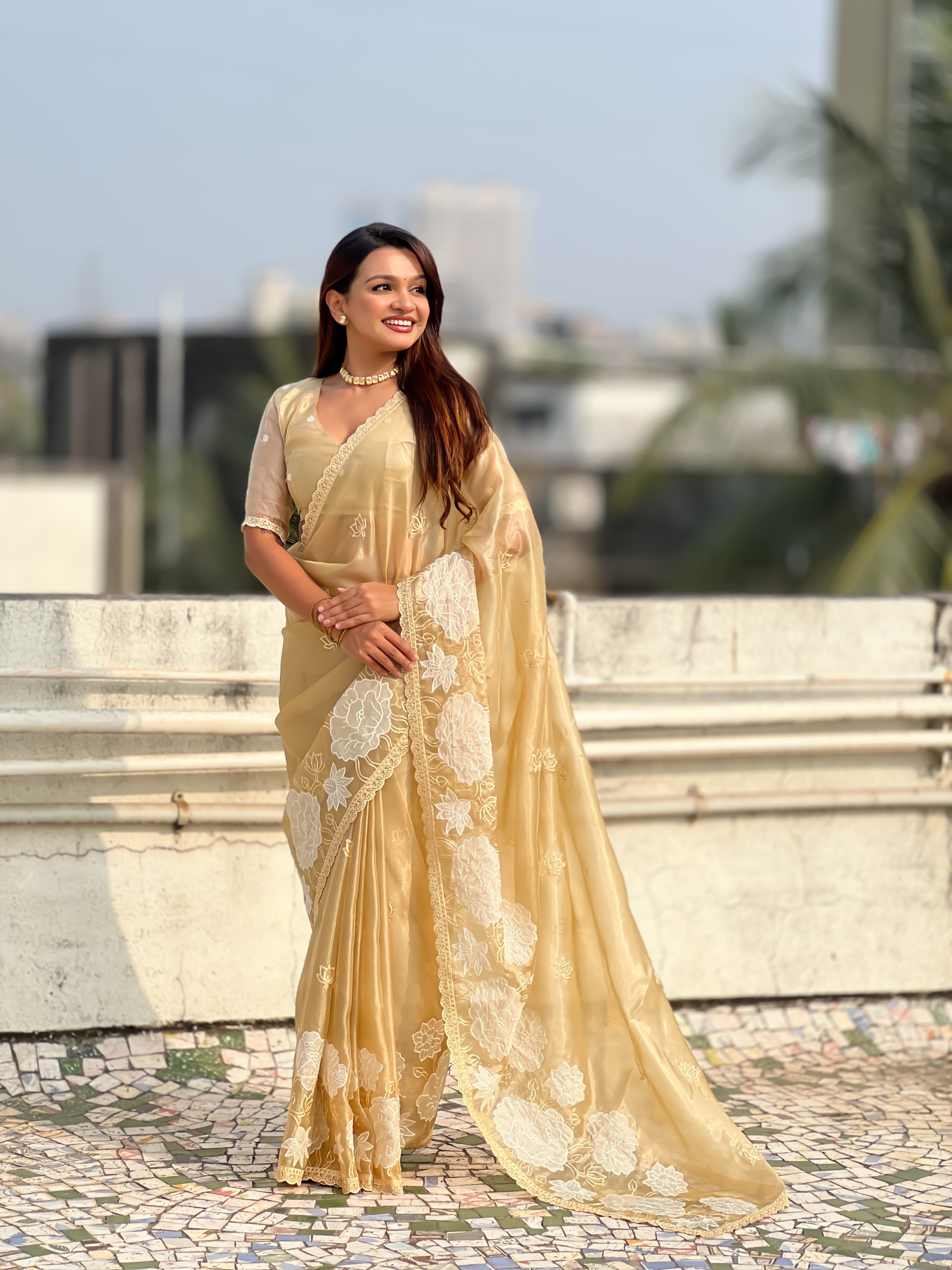 Yellow Lotus Embroidery Oris Silk Saree